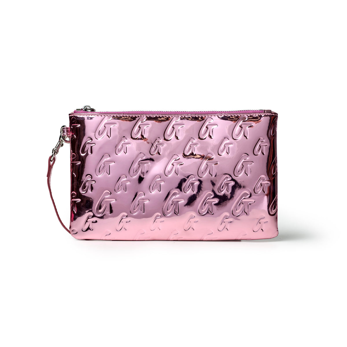 Metallic pink wristlet featuring a monogram design, perfect for stylish and affordable luxury accessory needs.