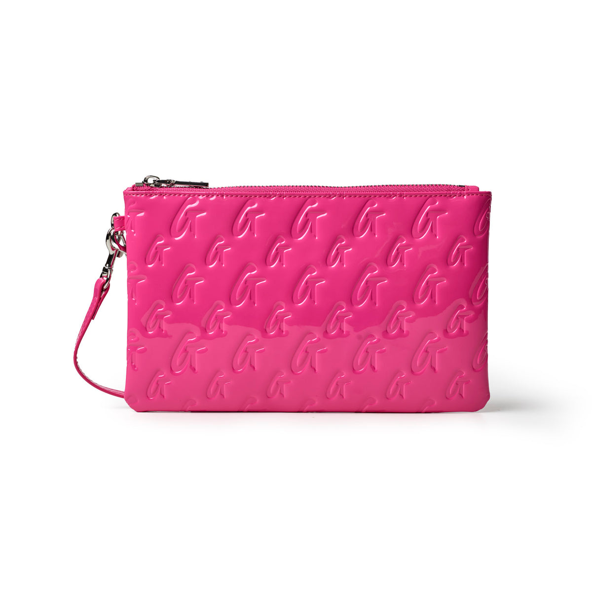 Hot pink monogram wristlet featuring a glossy finish and a convenient wrist strap for stylish on-the-go use.