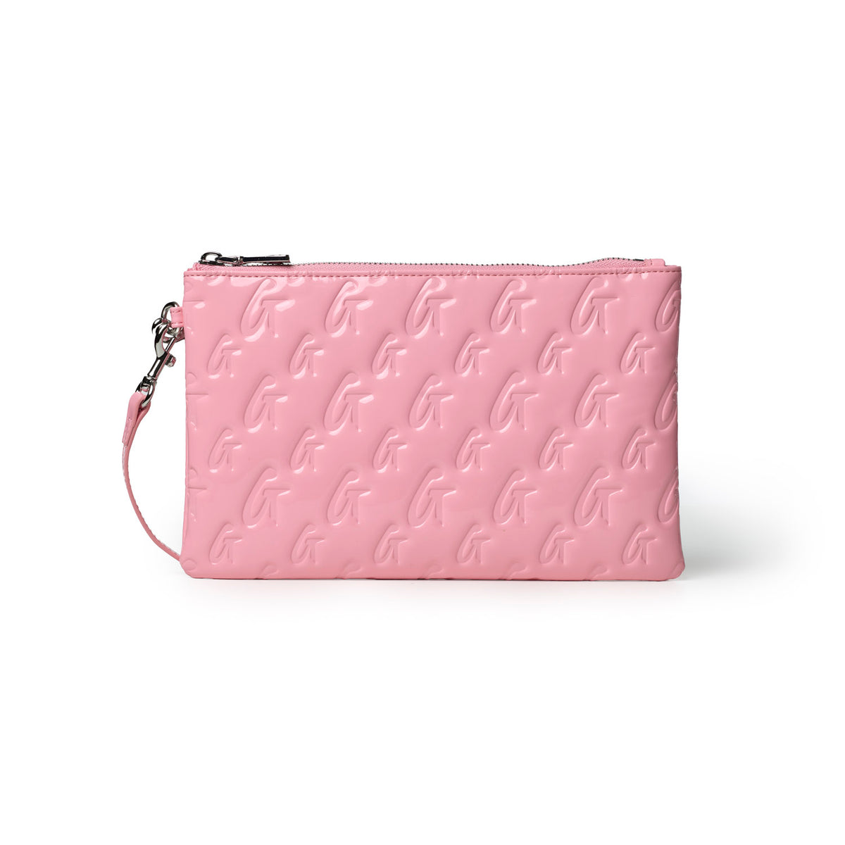 Light pink monogram wristlet featuring a glossy finish and a convenient wrist strap for stylish on-the-go use.