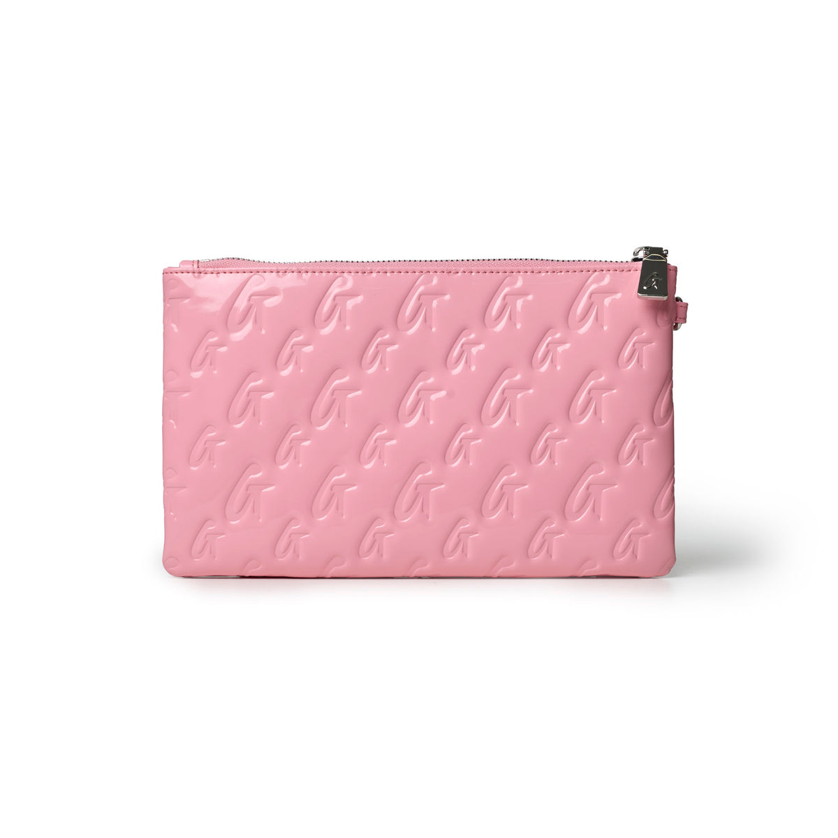 Light pink monogram wristlet featuring a sleek design and embossed logo, perfect for stylish organization.