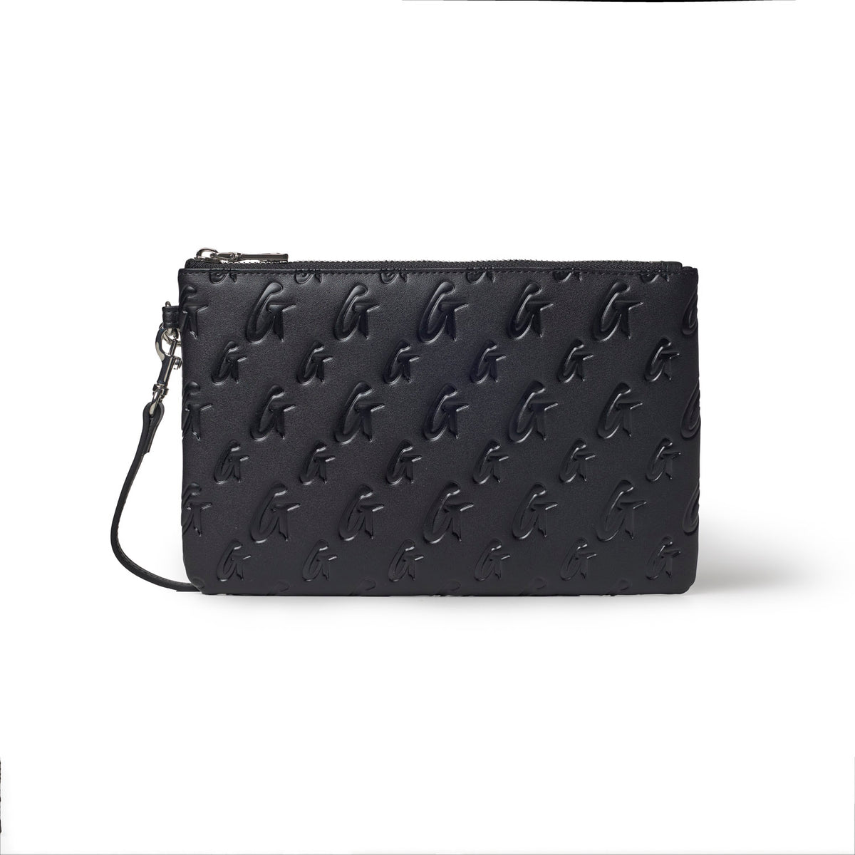 Black pink monogram wristlet featuring embossed logo design and a convenient wrist strap for stylish portability.