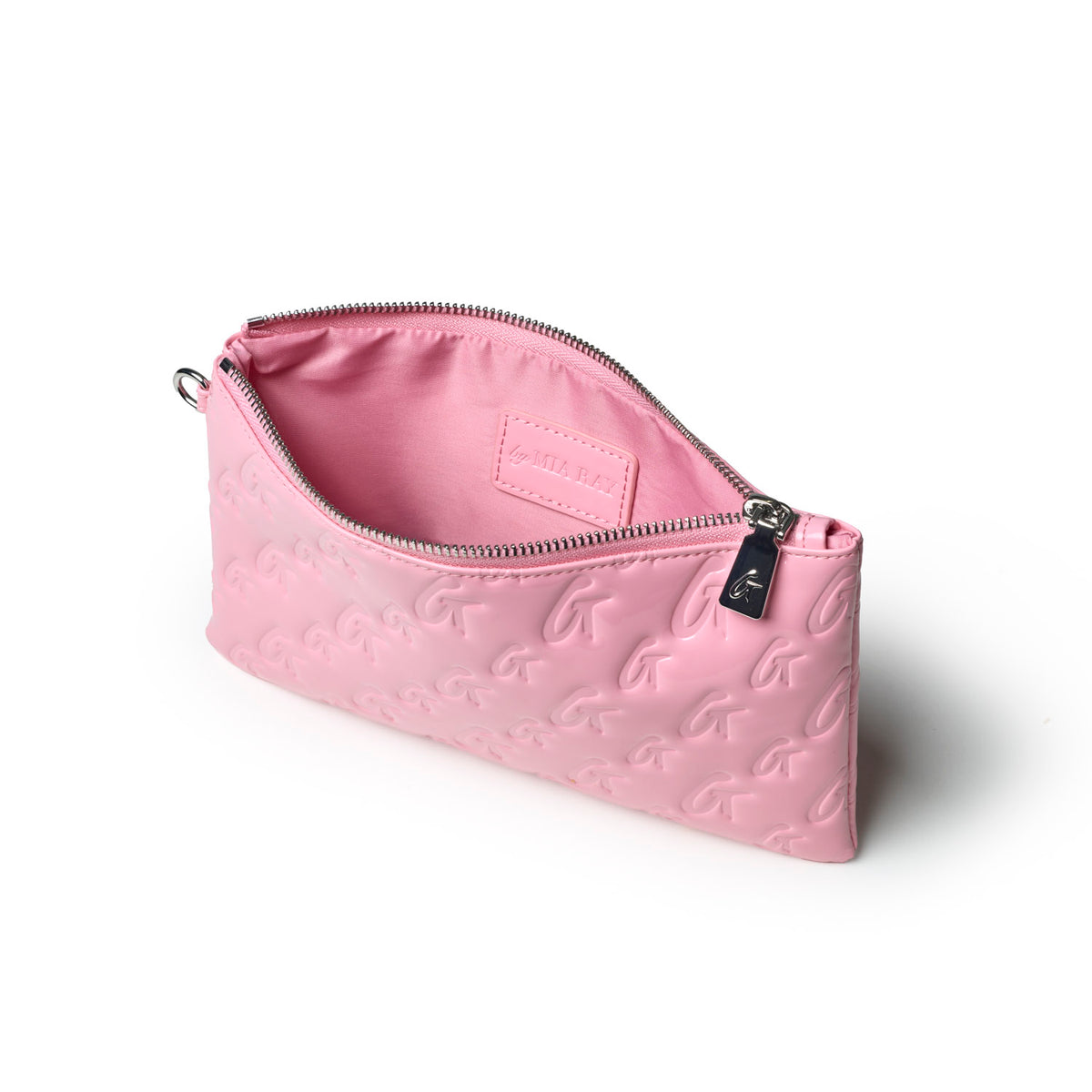 Light pink monogram wristlet with a zip closure and interior pocket, perfect for stylish organization.