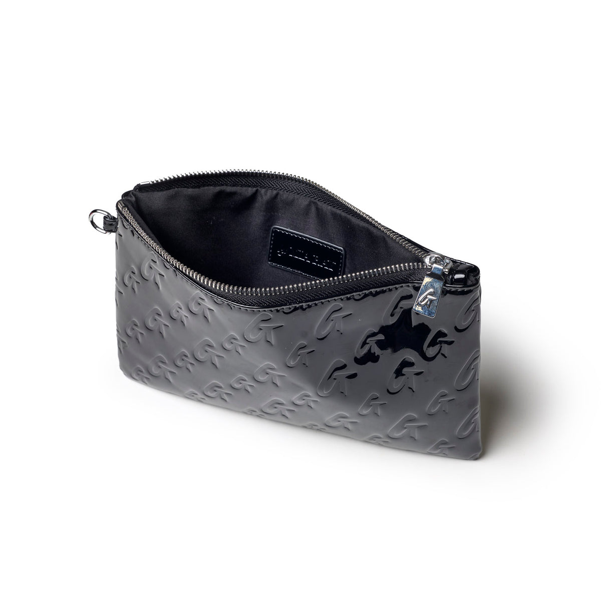 Sleek mirror black monogram wristlet with a zip closure, perfect for stylish organization on the go.