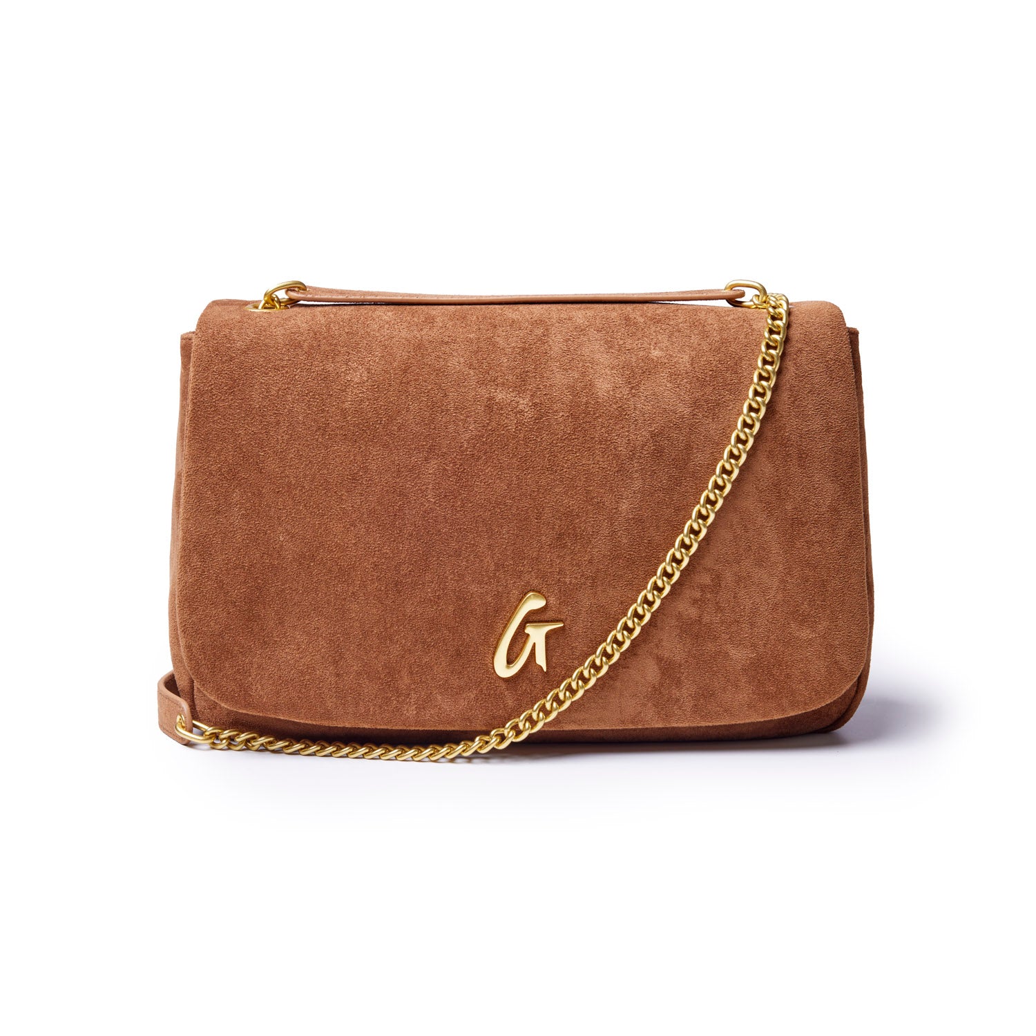 Brown medium suede flap bag with a gold chain strap and embossed logo, perfect for stylish everyday use.