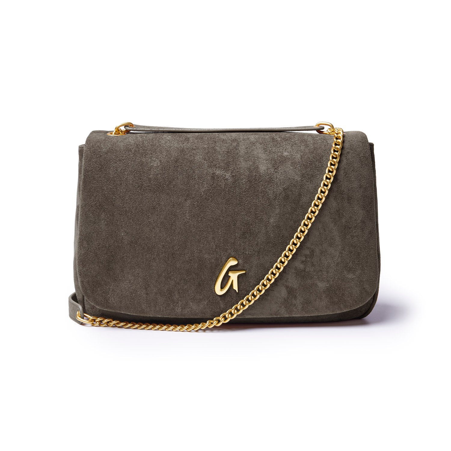 Medium olive green suede flap bag with a gold chain strap and logo detail, perfect for stylish everyday use.