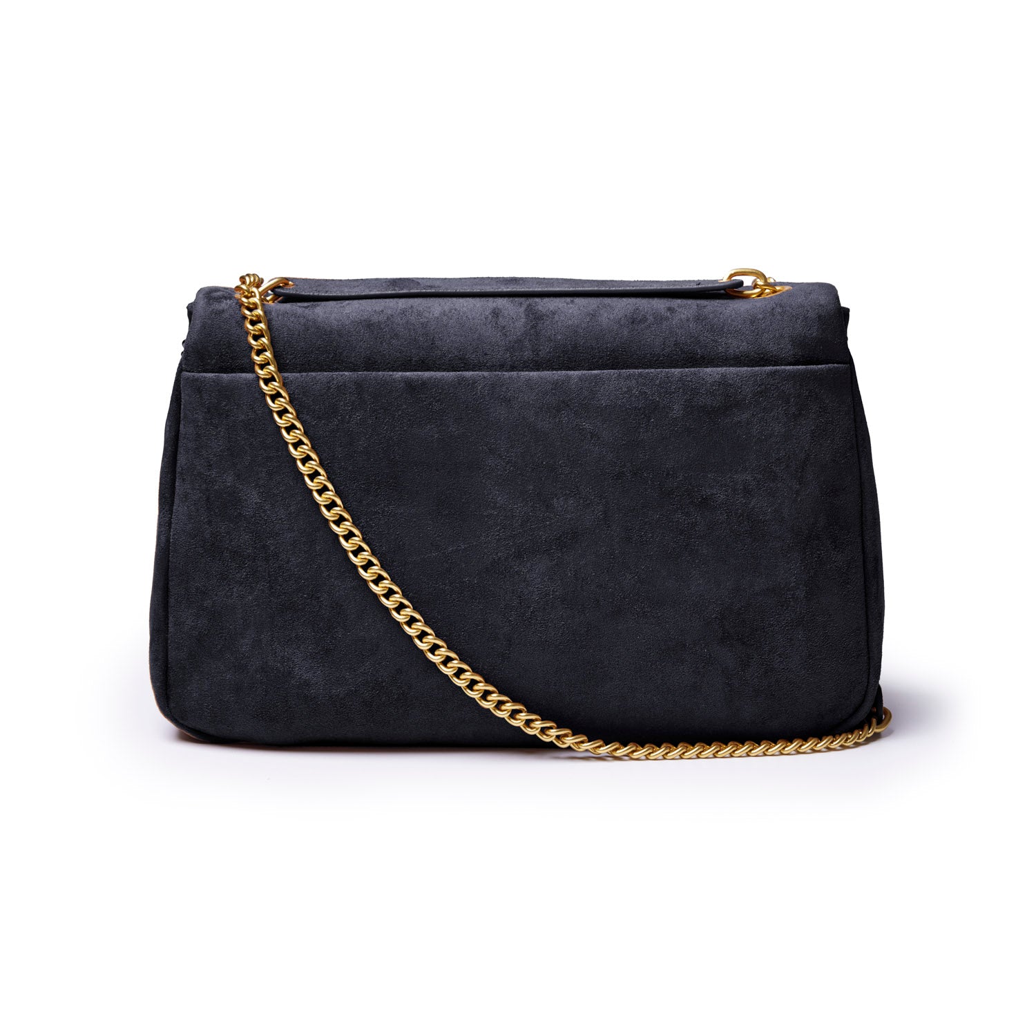 Medium black suede flap bag with a gold chain strap, offering a chic and stylish accessory for any outfit.
