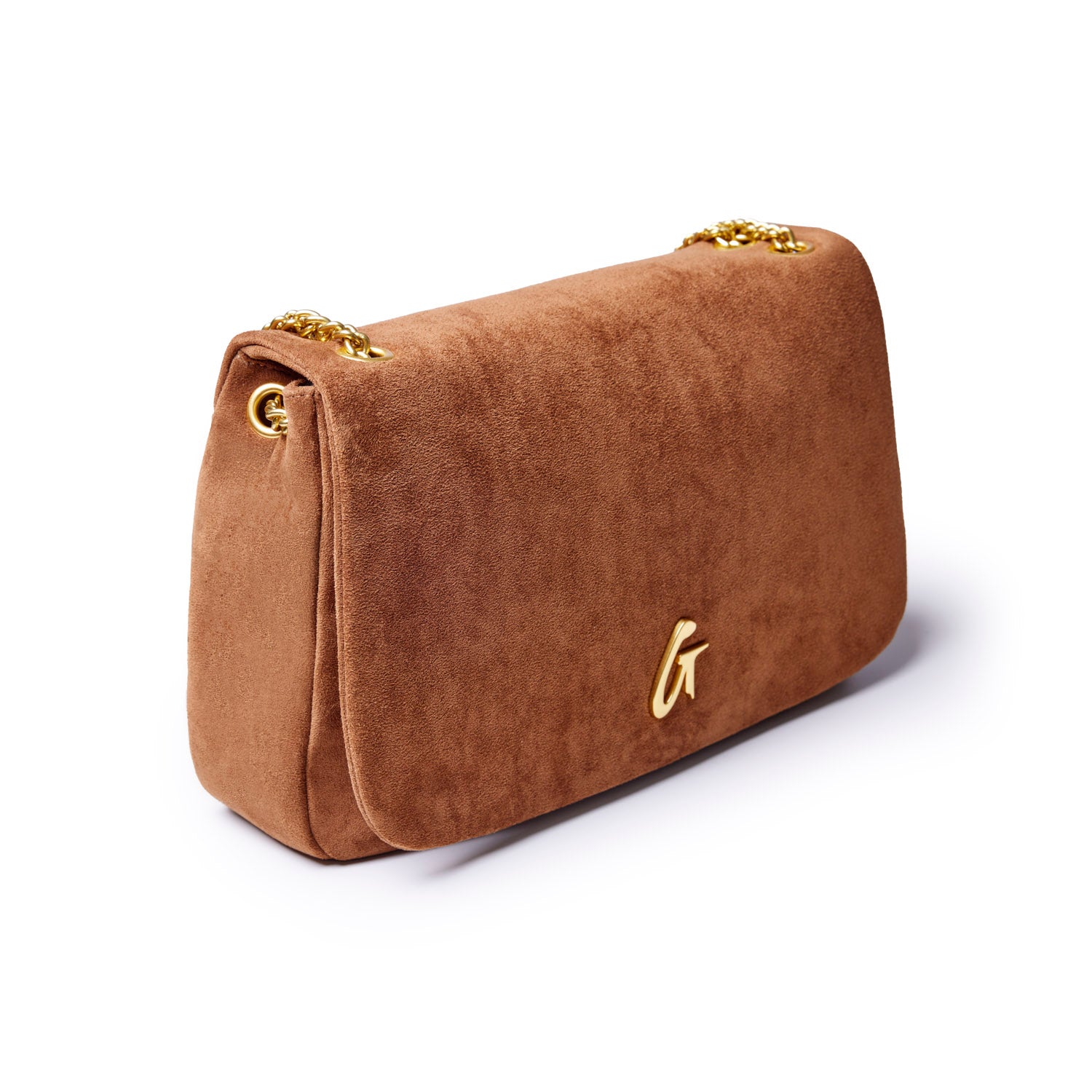 Medium brown suede flap bag featuring a gold chain strap and a stylish logo accent, perfect for chic everyday use.