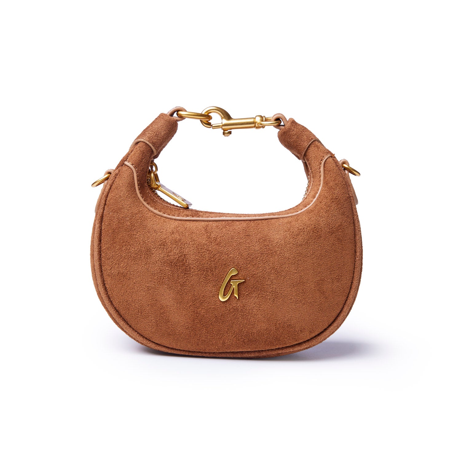 Brown nano suede hobo bag featuring a curved silhouette and gold hardware, perfect for stylish everyday use.