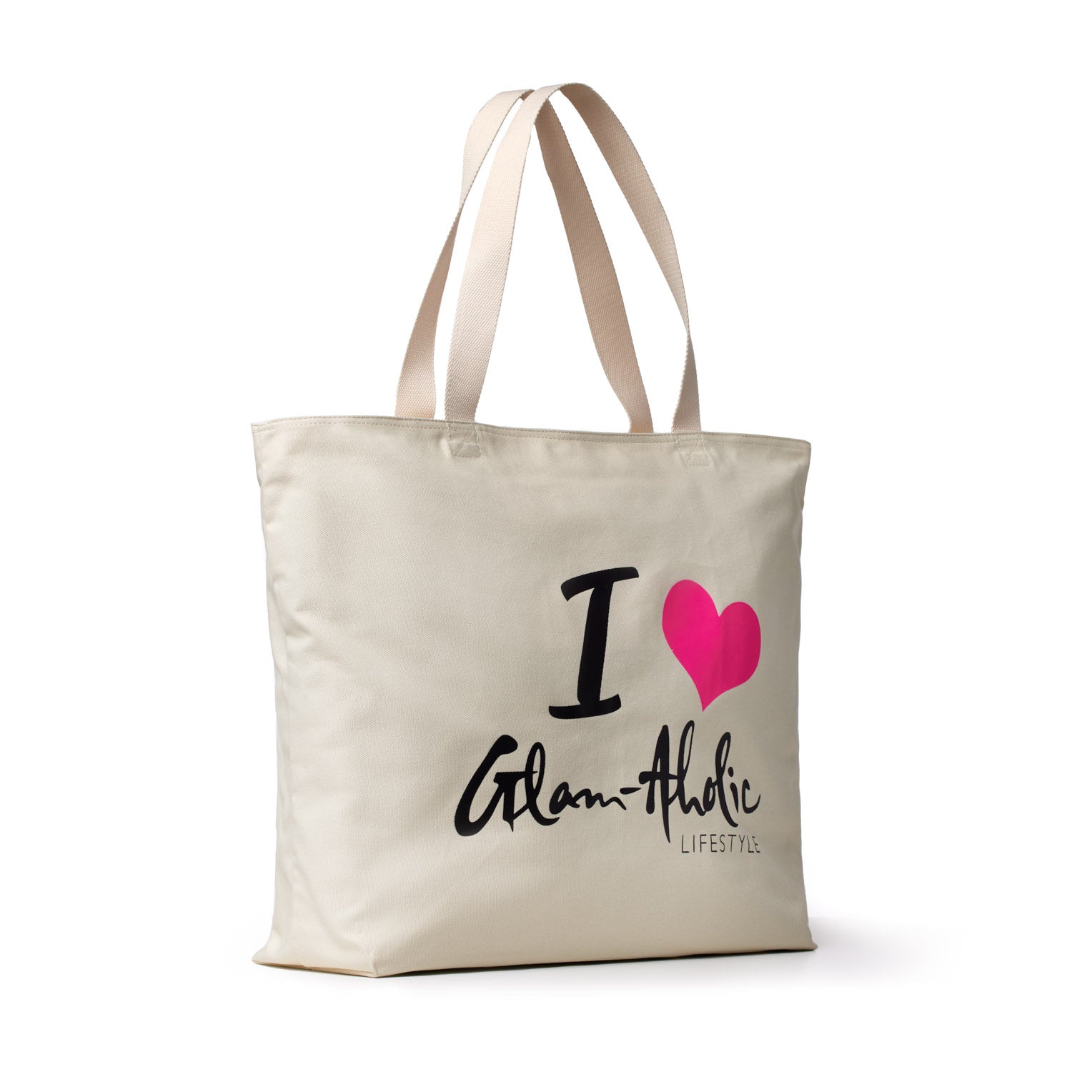 Hot pink and black text on a cream canvas tote bag with beige handles, featuring the phrase "I ♥ Glam-Aholic Lifestyle.
