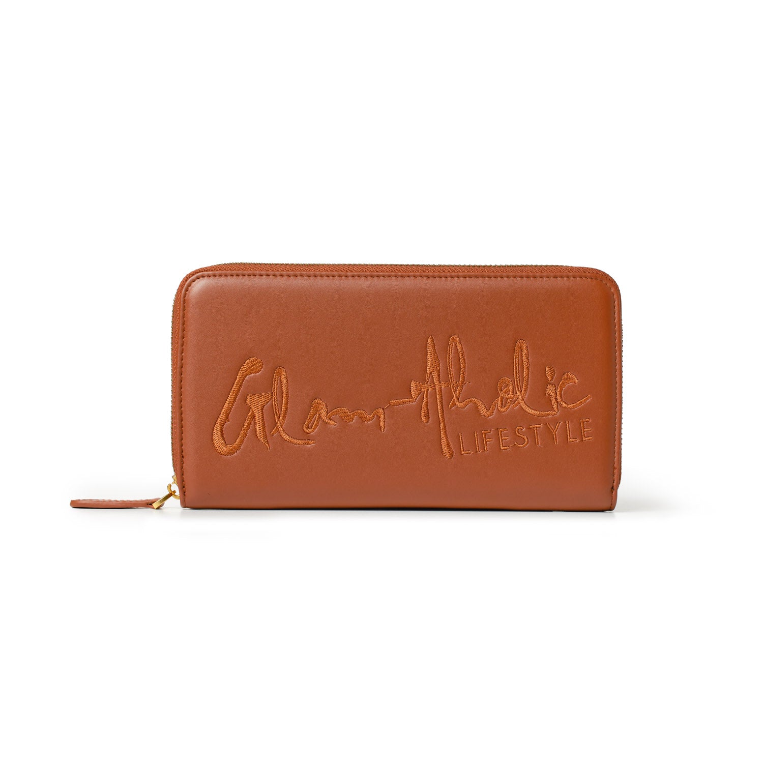 Brown zip-around wallet with embroidered "Glam Athlatic Lifestyle" logo on the front, made of smooth leather.