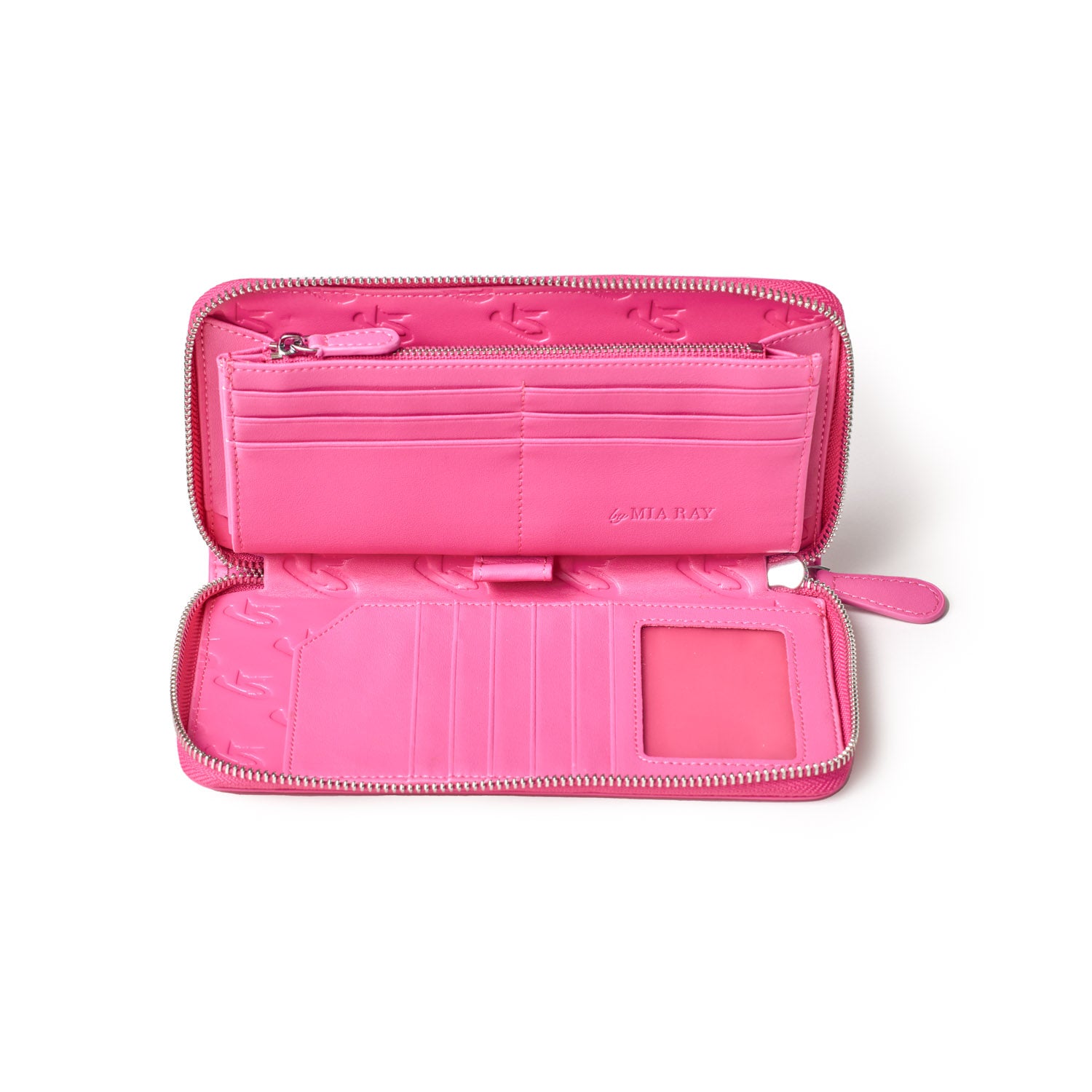 Open pink wallet with multiple card slots, a clear ID window, and a zippered coin pocket, featuring a signature logo design.