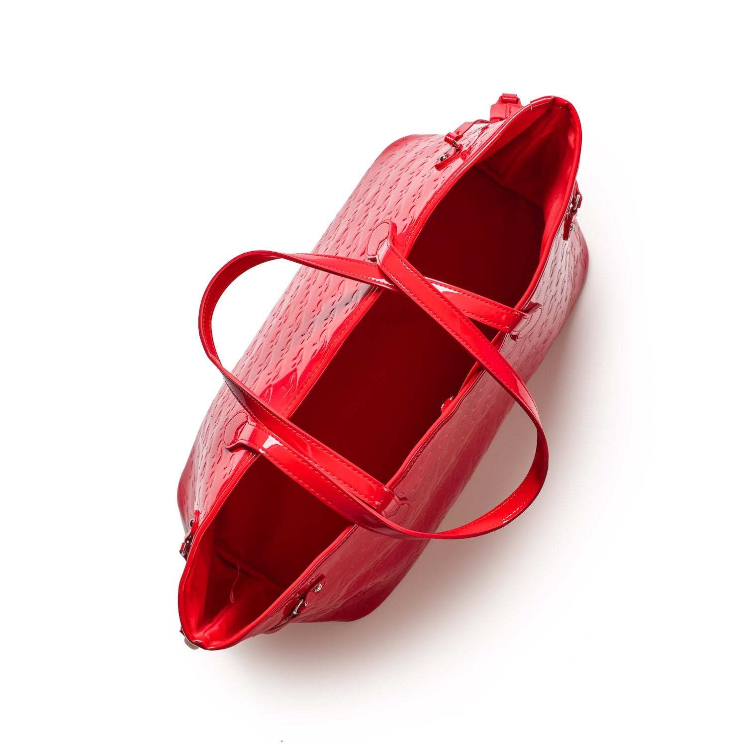 Stylish mirror red monogram tote bag with spacious interior and dual handles for versatile carrying options.