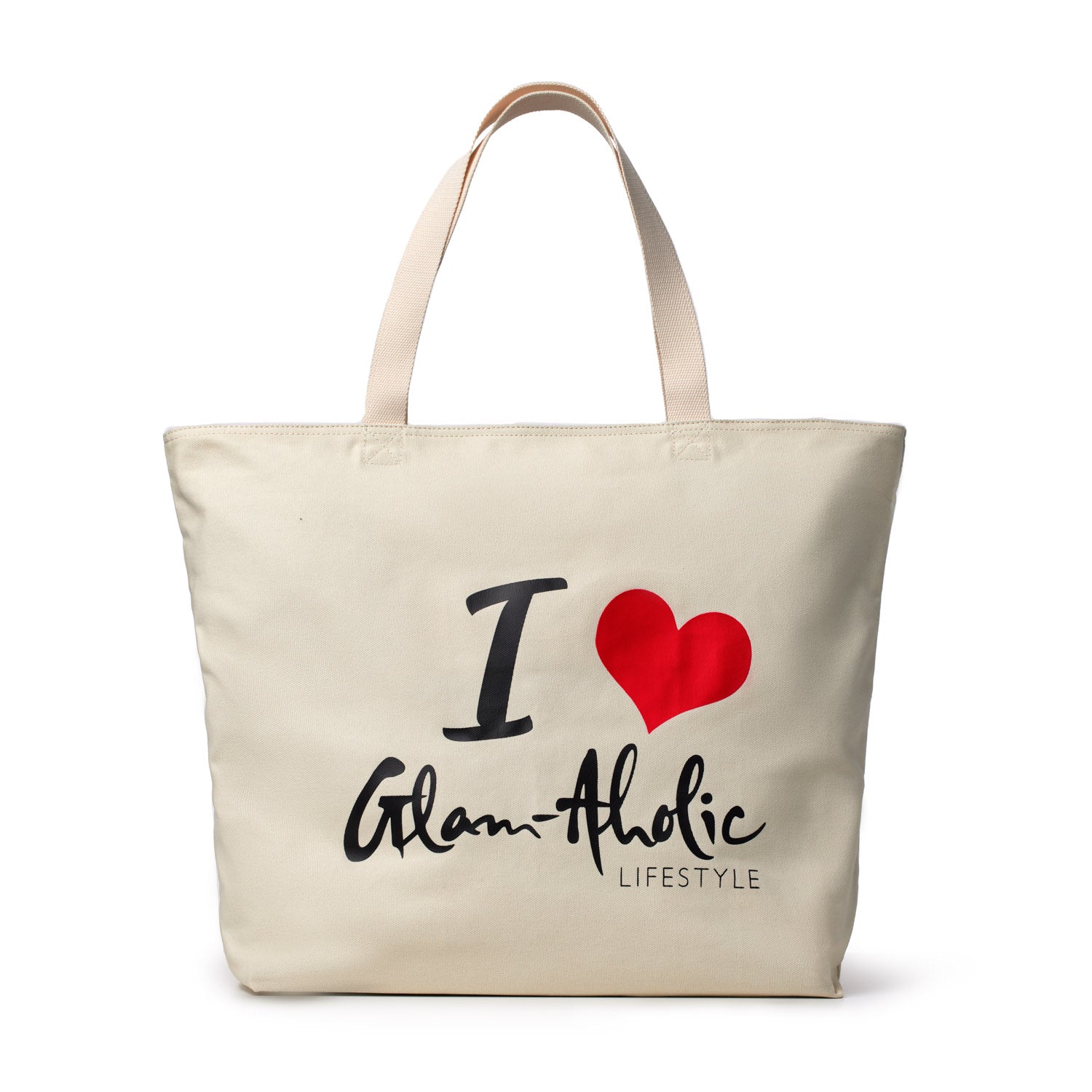 Red canvas tote bag with "I ❤️ Glam-Aholic Lifestyle" printed in black and red, featuring sturdy handles for carrying.