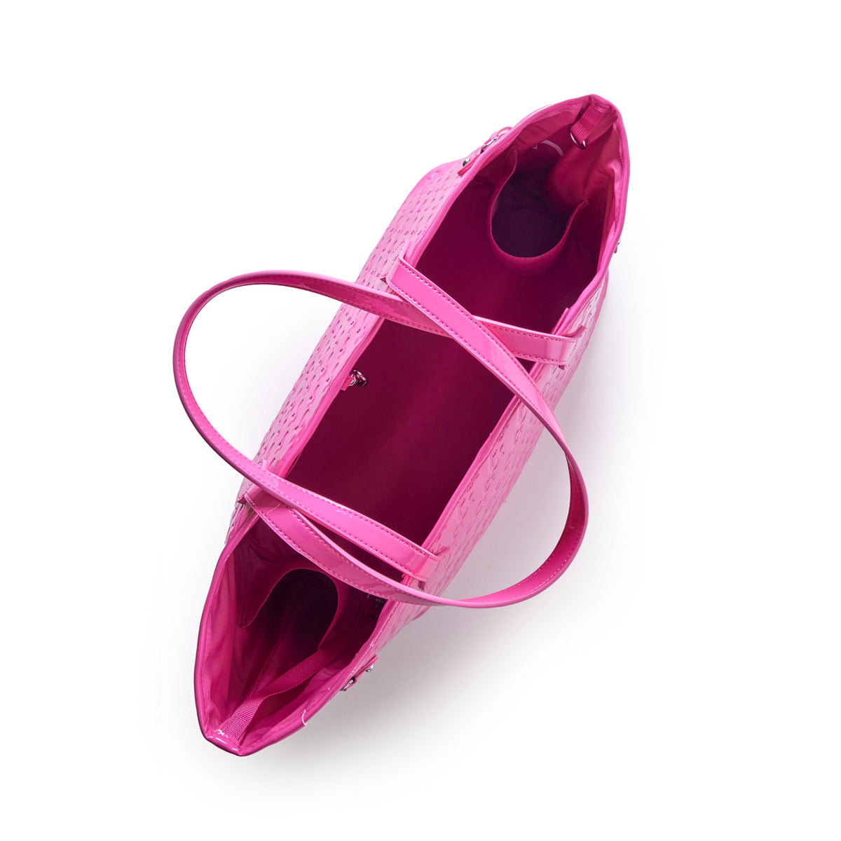 Hot pink monogram travel set featuring a spacious tote bag with dual handles and a sleek interior.