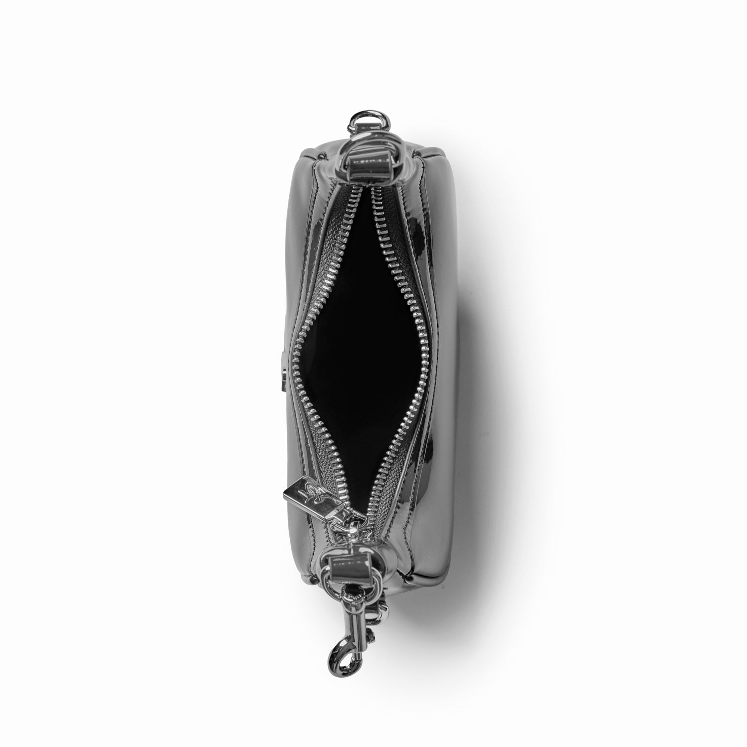 Sleek black hobo bag with a shiny mirror finish and a zippered opening, perfect for stylish everyday use.