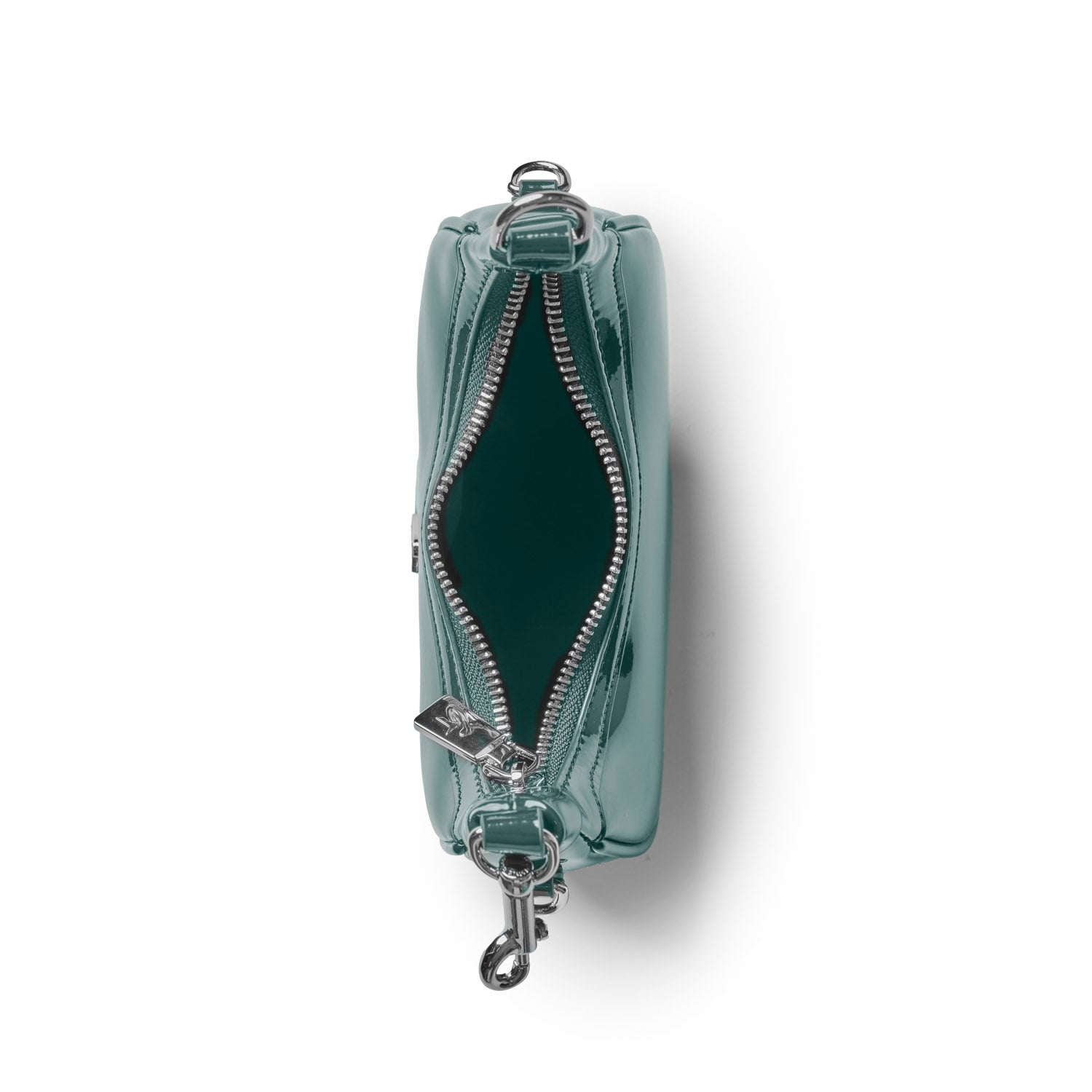Open view of the Nano Mirror Hobo Bag in mirror green, showcasing its shiny interior and zipper details.
