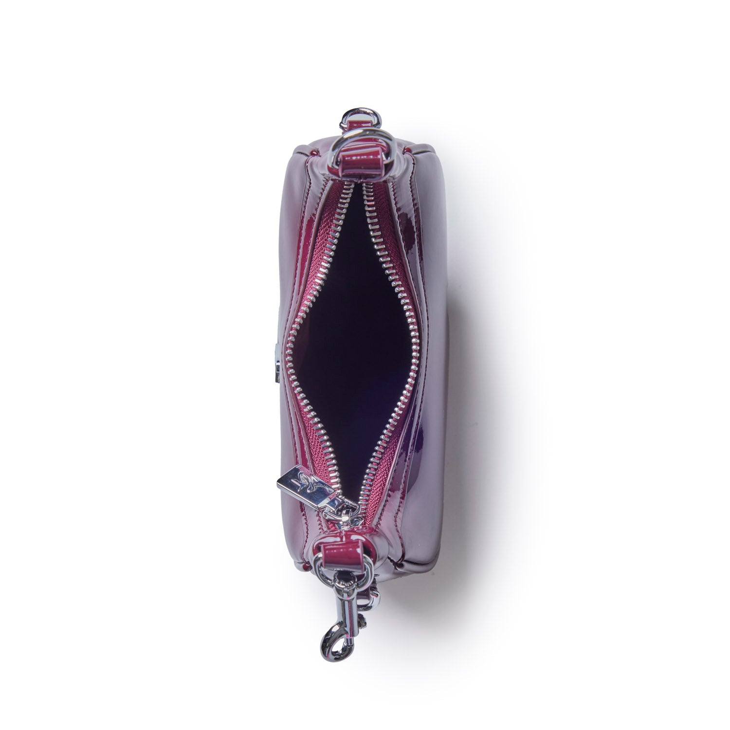 Interior view of the Nano Mirror Hobo Bag in mirror burgundy, showcasing a zippered compartment and sleek design.