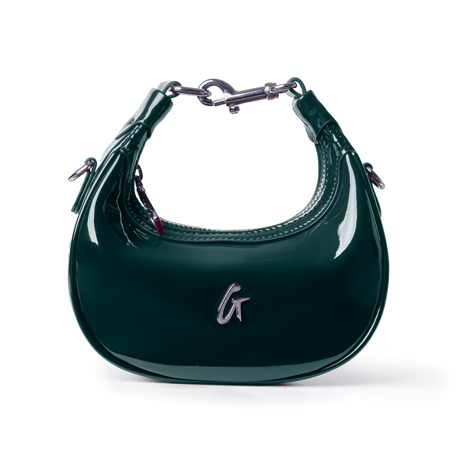 Glossy mirror green hobo bag with a sleek silhouette and a stylish handle, perfect for a chic, affordable luxury look.