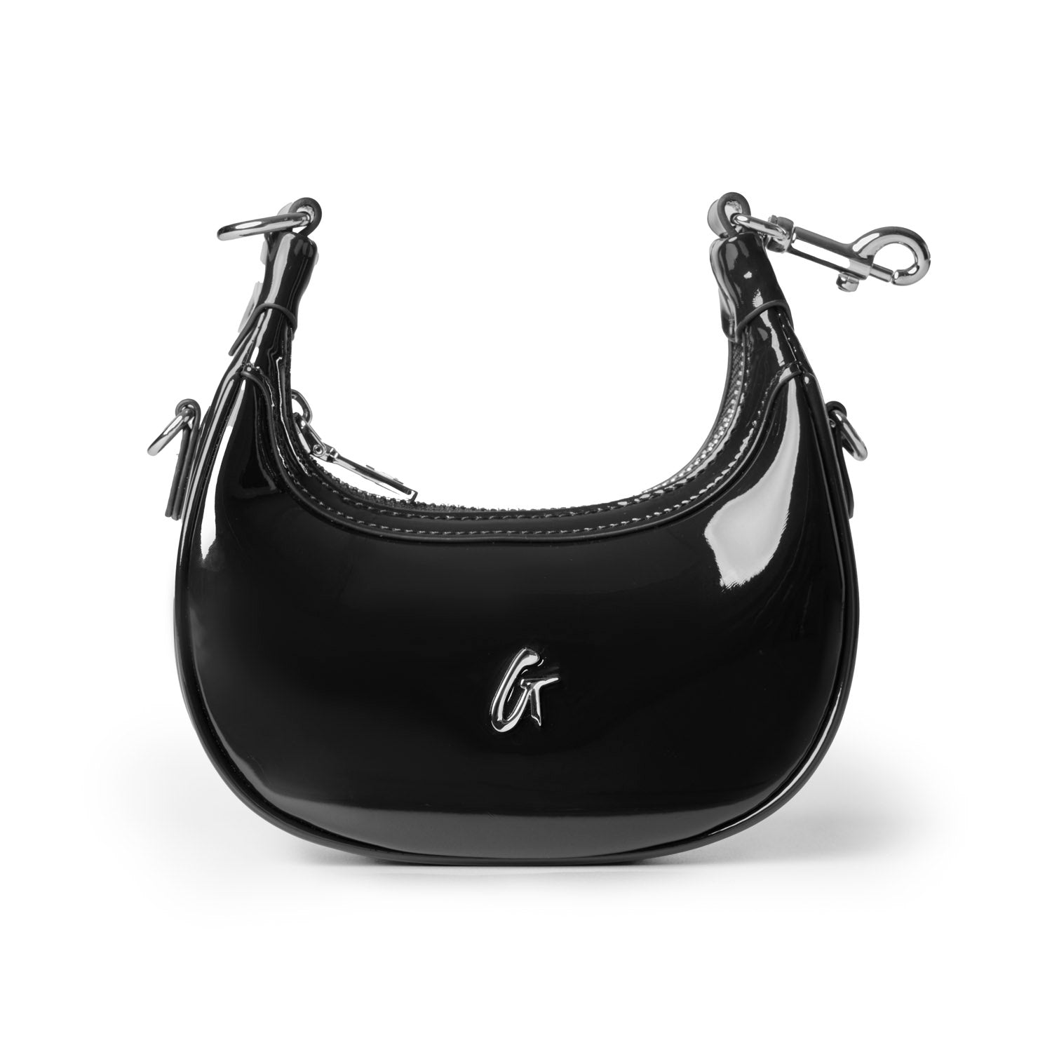 Sleek black hobo bag with a glossy finish and silver hardware, perfect for stylish everyday use.