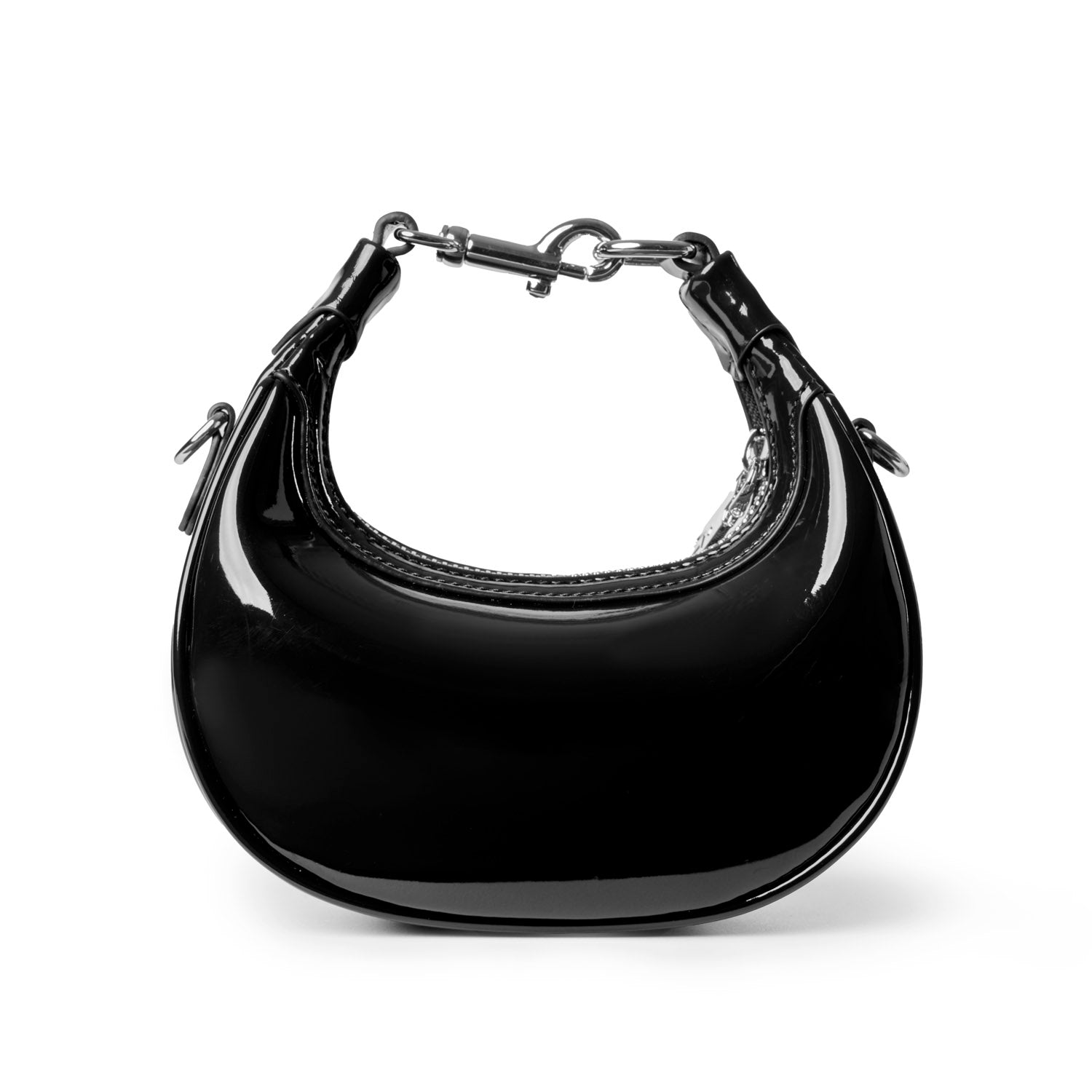 Sleek black hobo bag with a glossy finish and a stylish curved shape, perfect for a chic, modern look.
