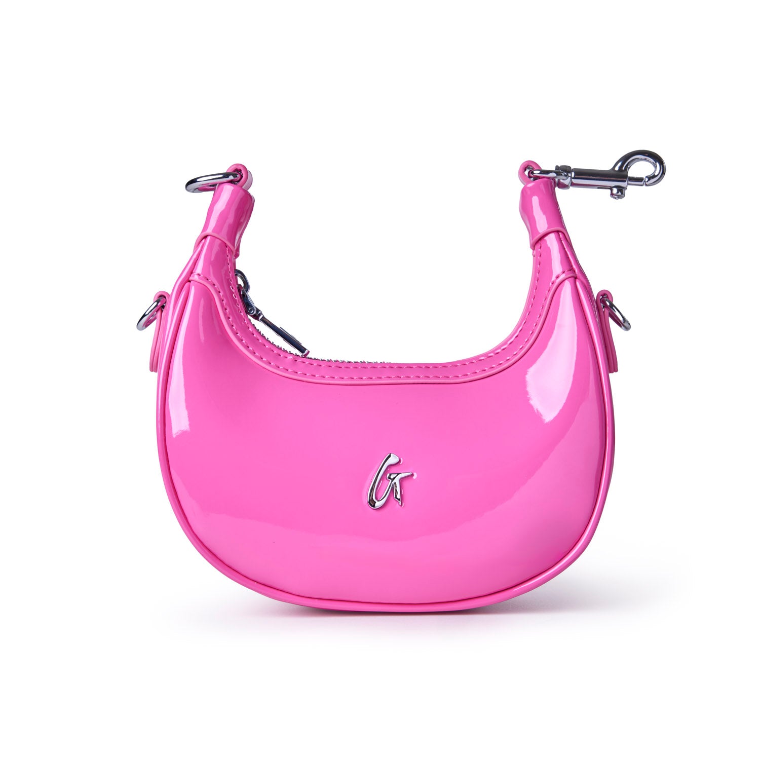 Hot pink hobo bag with a glossy finish, featuring a sleek design and a stylish logo. Ideal for trendy outfits.