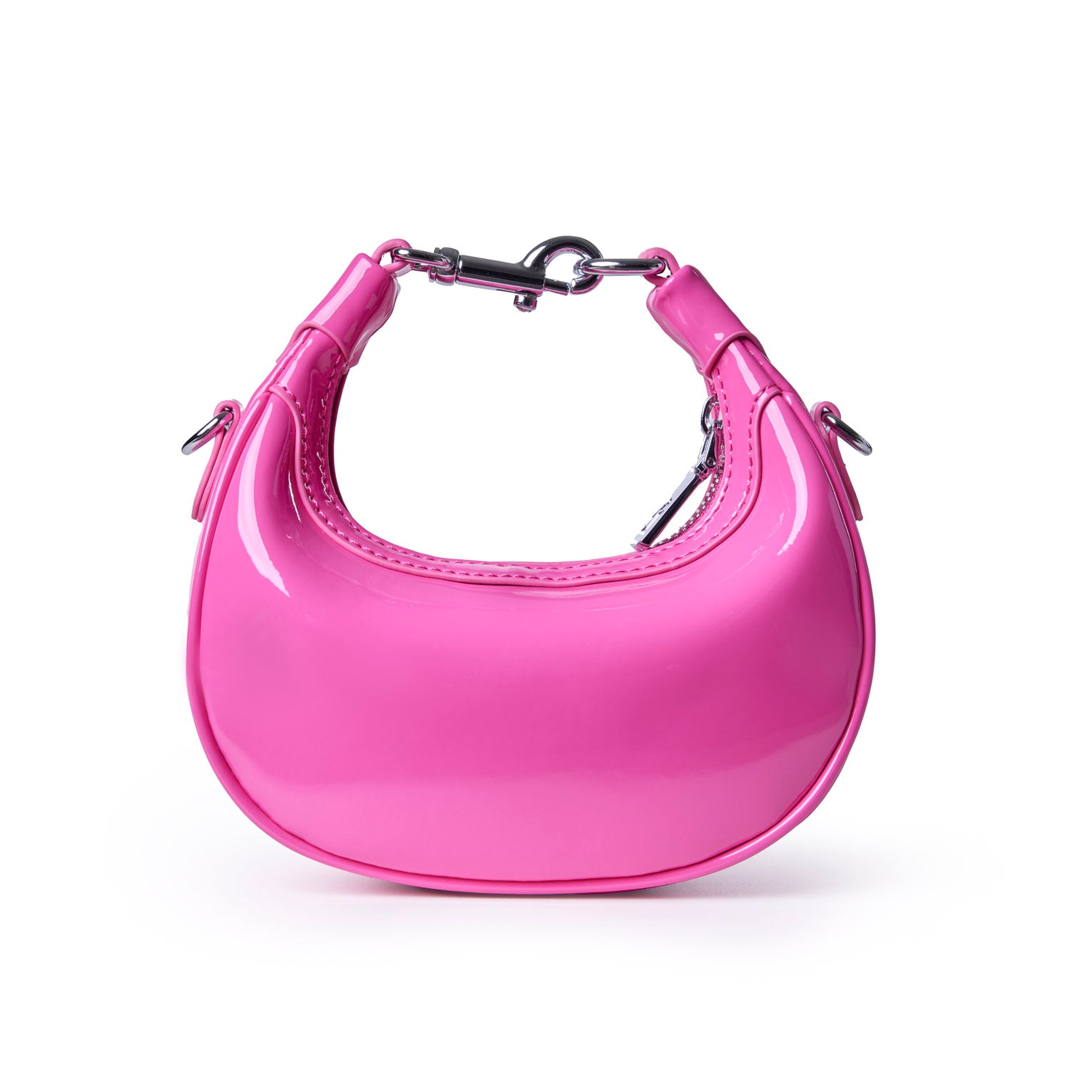 Hot pink hobo bag with a glossy finish and a stylish curved shape, perfect for adding a pop of color to any outfit.