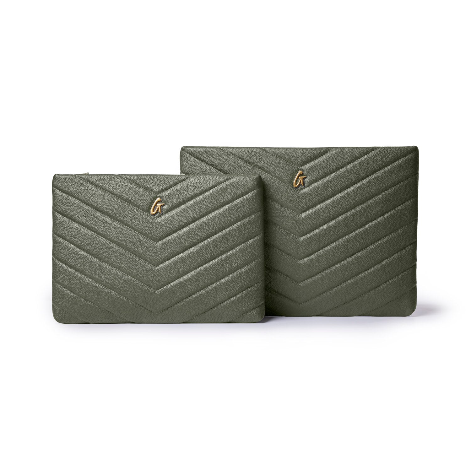 Olive green pebble laptop sleeve set featuring a chevron design and embossed logo, ideal for stylish protection.