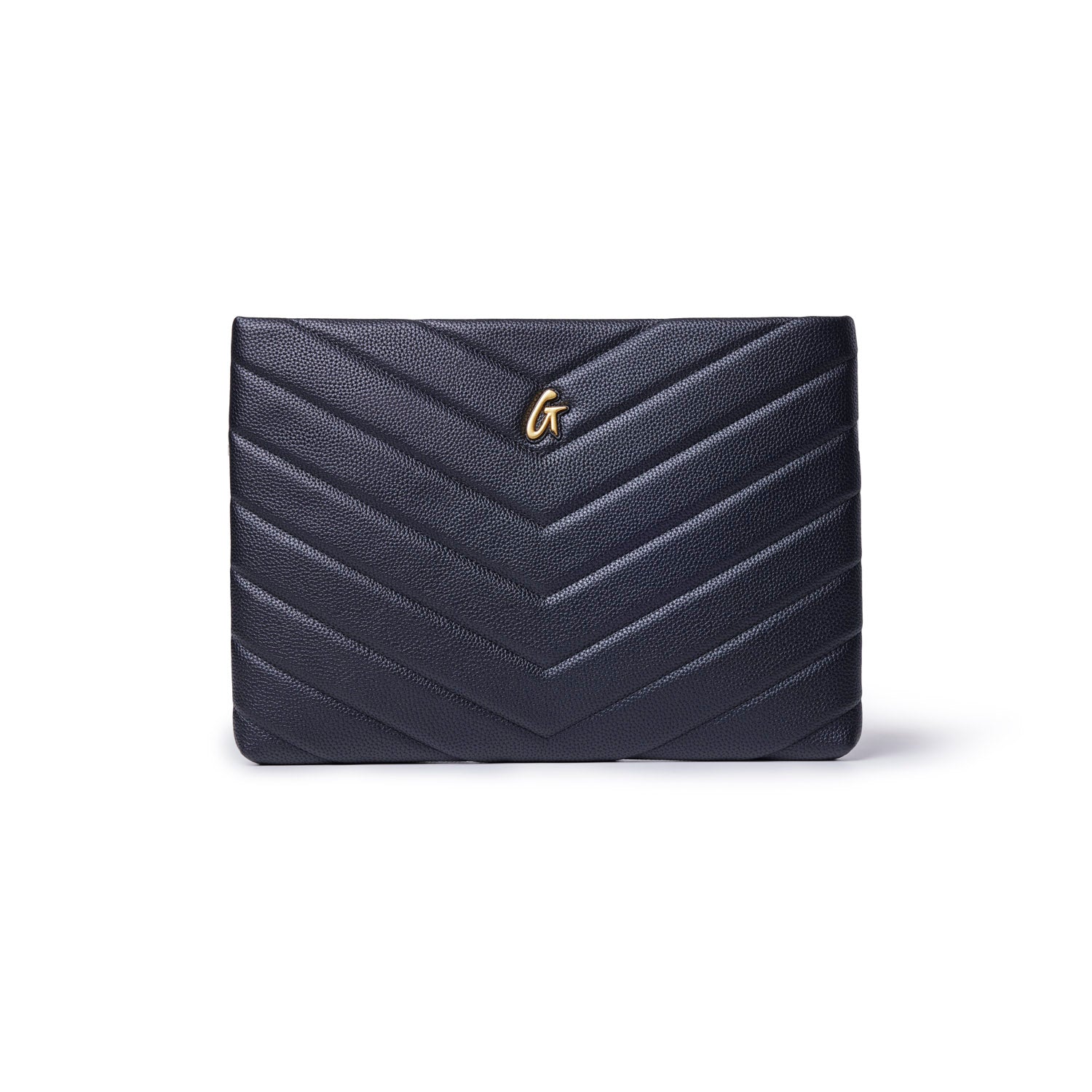 Black pebble laptop sleeve featuring a chevron design and a gold logo, perfect for stylish protection of your device.