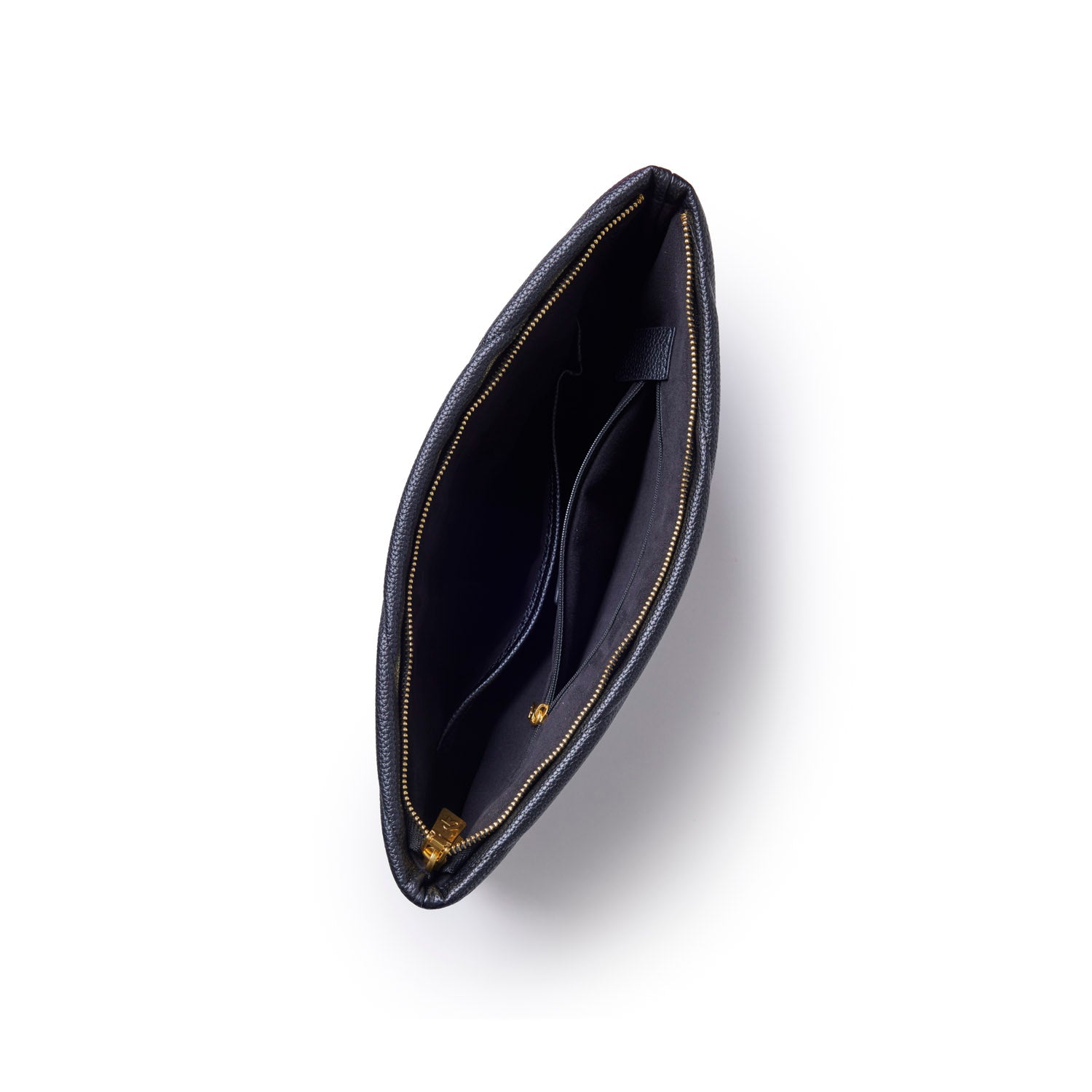 Black pebble laptop sleeve with a sleek design and gold zipper, featuring spacious interior compartments for organization.