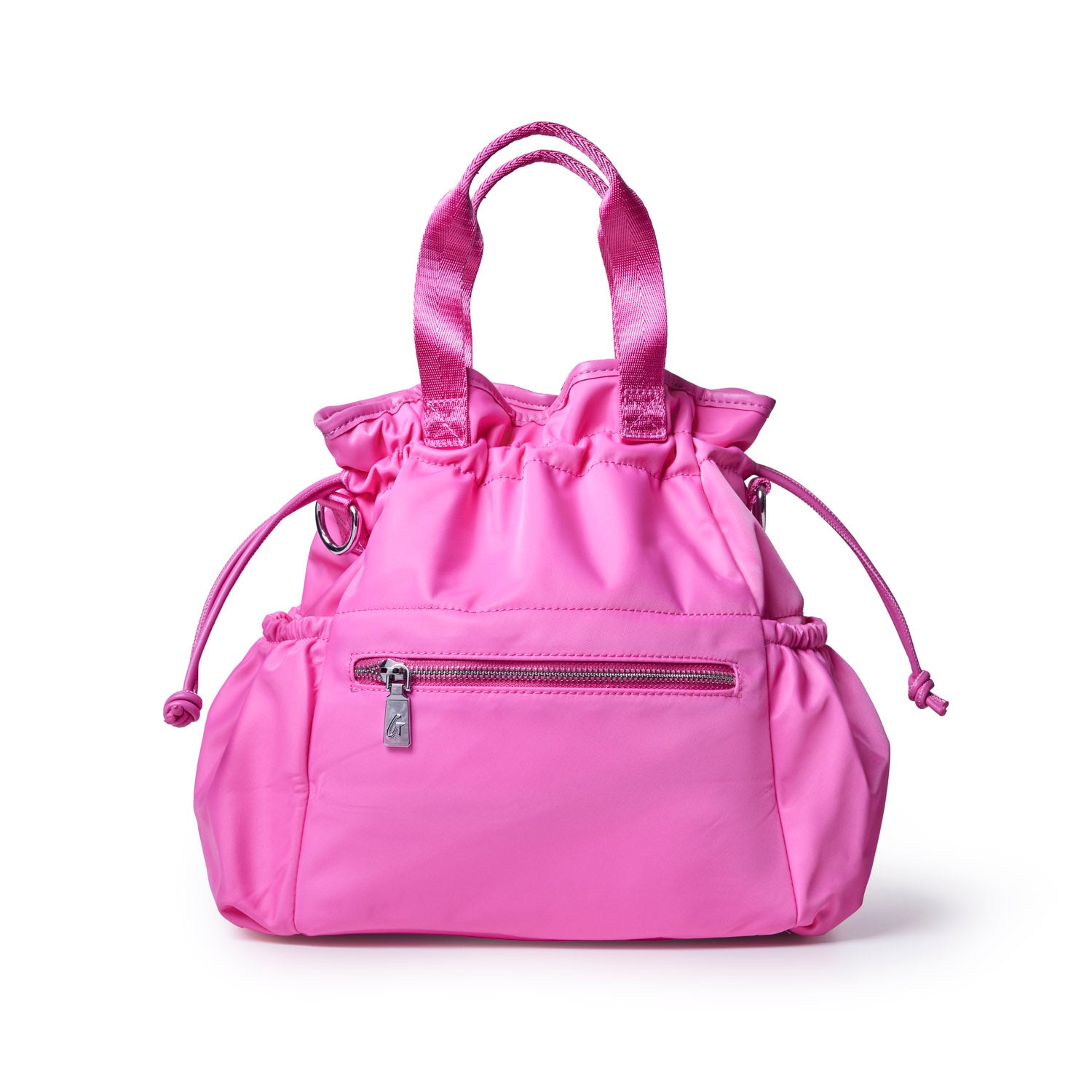 Hot pink nylon lunch bag with drawstring closure and front zip pocket, perfect for stylish on-the-go meals.