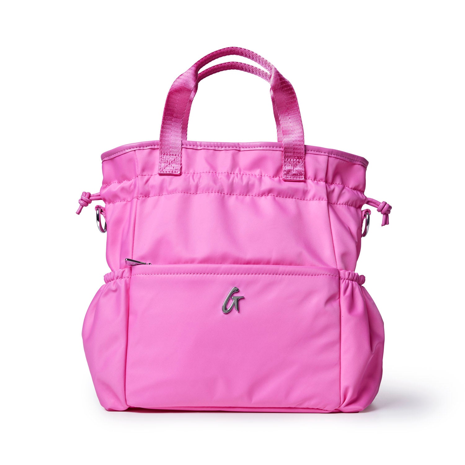 Hot pink nylon lunch bag with dual handles and adjustable side pockets for stylish and functional meal storage.