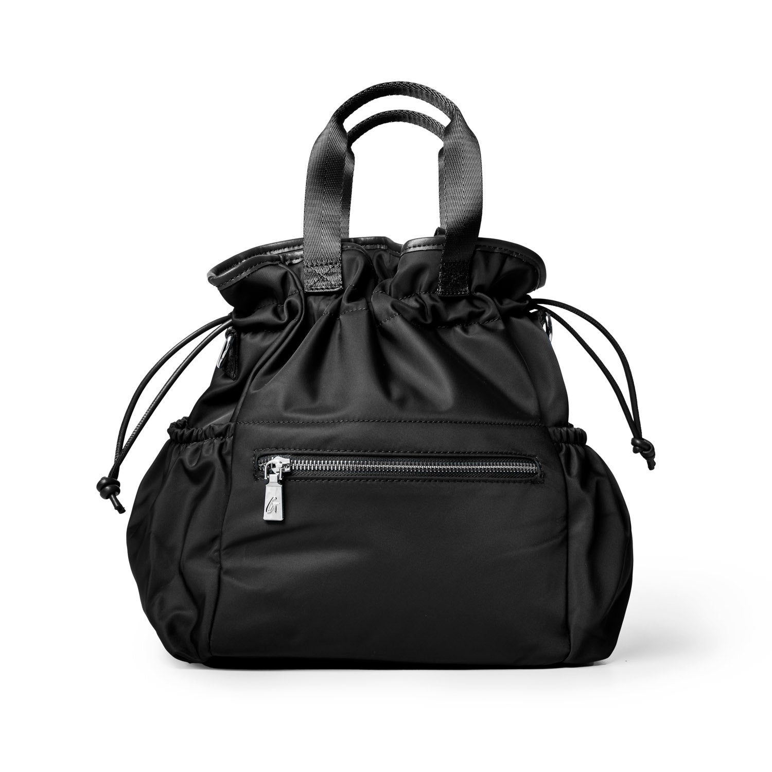 Stylish black nylon lunch bag with drawstring closure and exterior zip pocket, perfect for on-the-go meals.