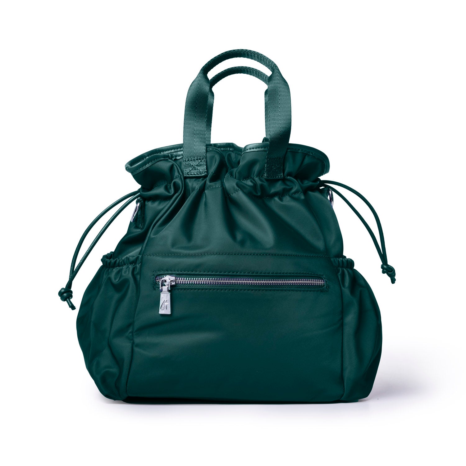 Green nylon lunch bag with drawstring closure and front zipper pocket, perfect for stylish and practical meals on the go.