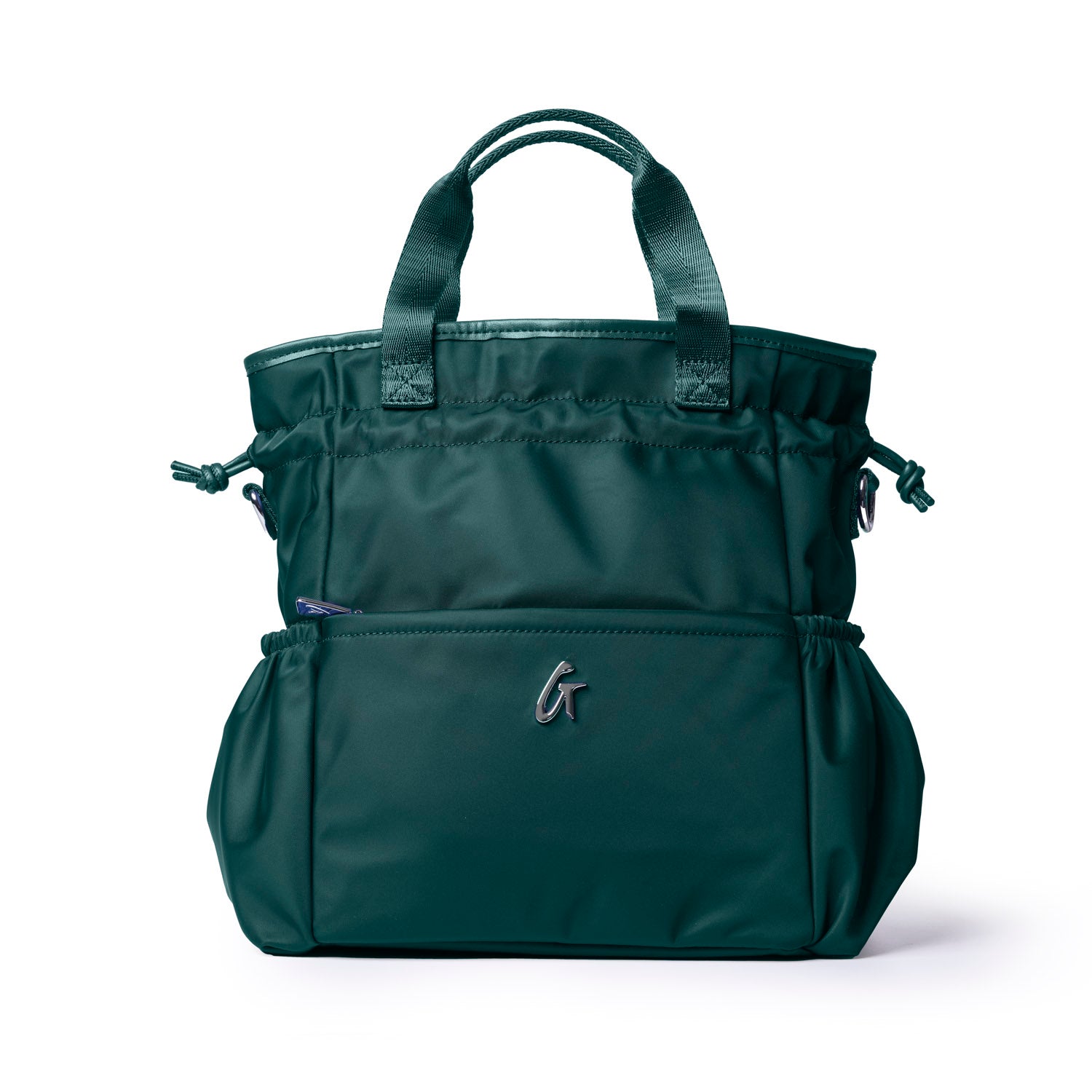 Green nylon lunch bag with dual handles and spacious compartments for stylish and practical meal storage.
