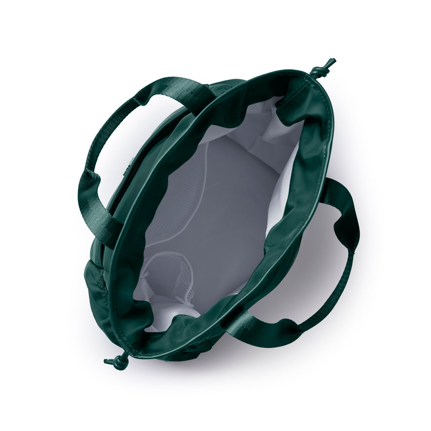 Green nylon lunch bag with a spacious interior and sturdy handles, perfect for stylish and practical meal storage.