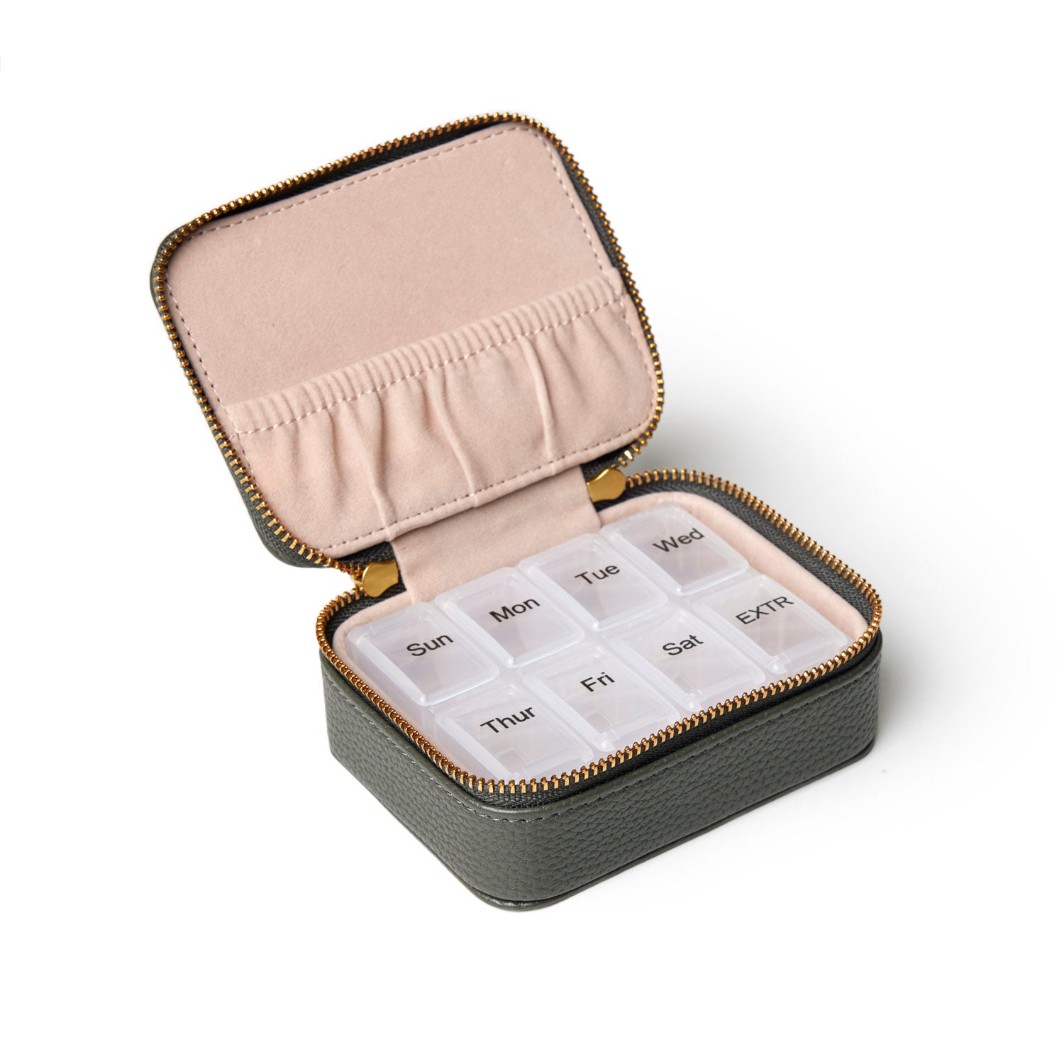 Olive green pebble pill case with a zip closure, featuring a removable weekly pill organizer inside.