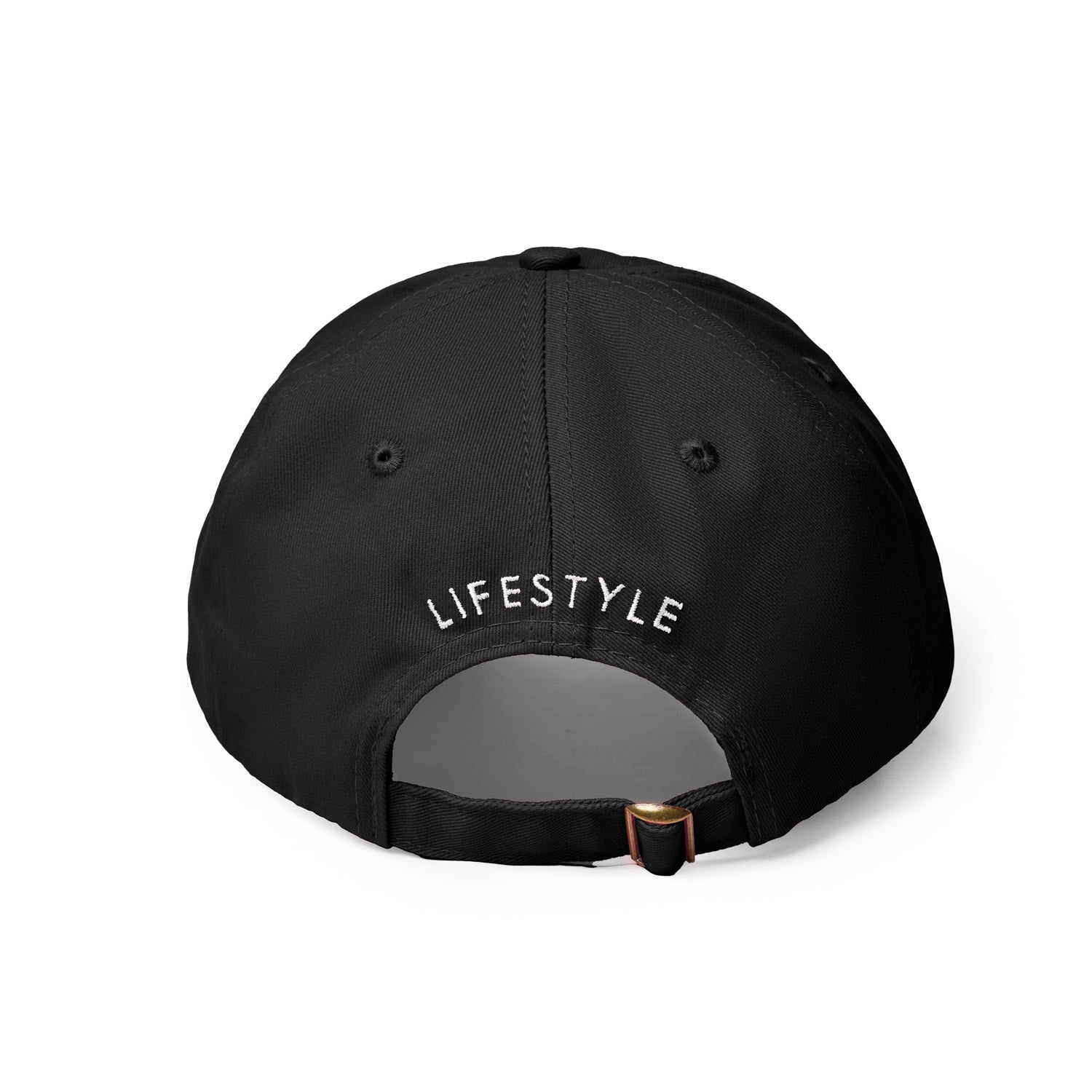 Black dad hat featuring the word "LIFESTYLE" embroidered on the back, designed for casual, stylish wear.