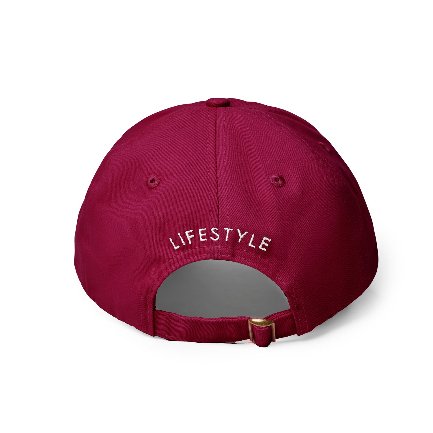 Burgundy dad hat featuring the word "LIFESTYLE" embroidered on the back for a stylish, casual look.
