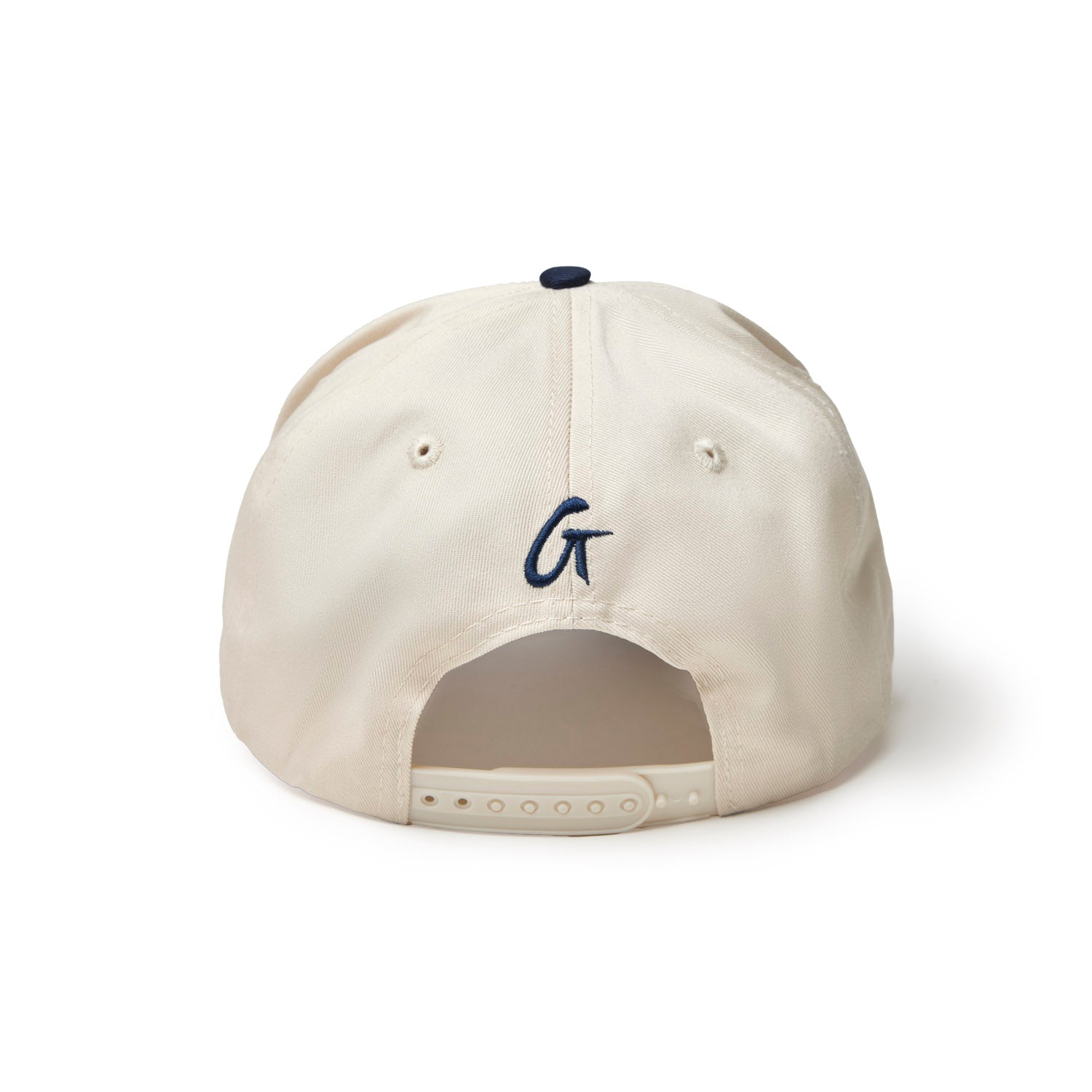 Navy trucker hat featuring a white back and adjustable strap, ideal for casual outdoor wear.