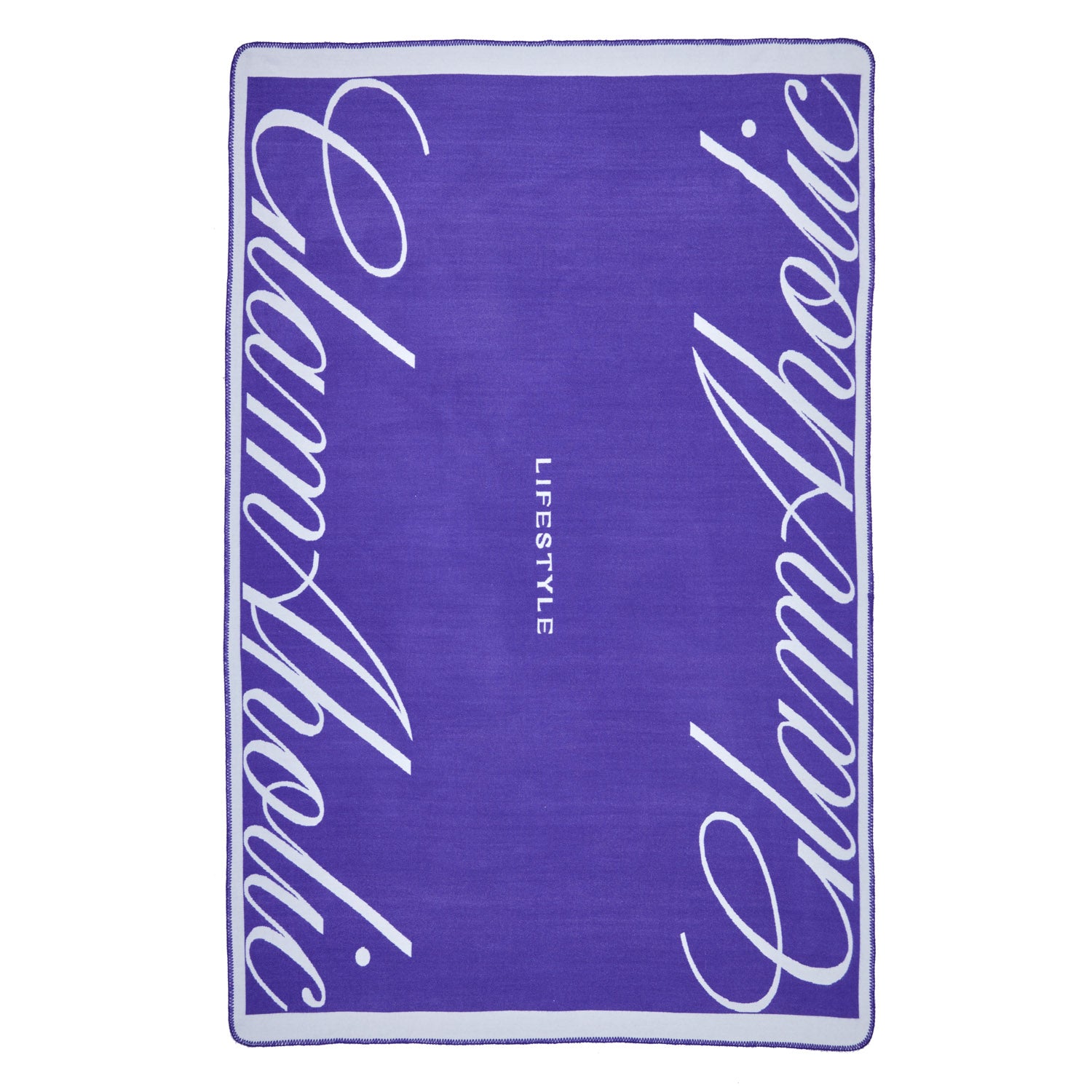 Purple Luxe throw blanket with white cursive text and "LIFESTYLE" in the center, featuring a stylish, modern design.