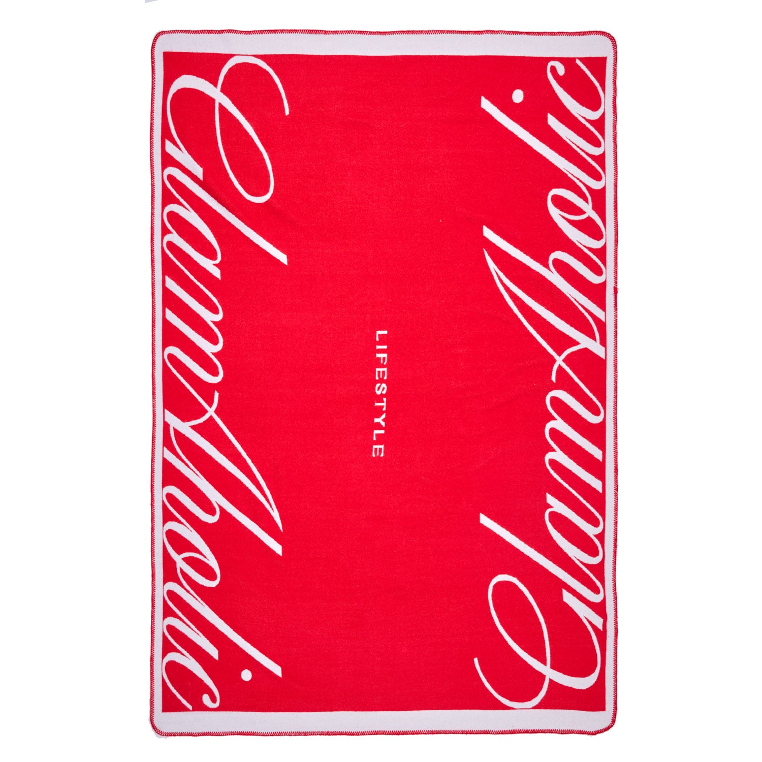Red throw blanket with white cursive "Signature" text border and "LIFESTYLE" in the center.