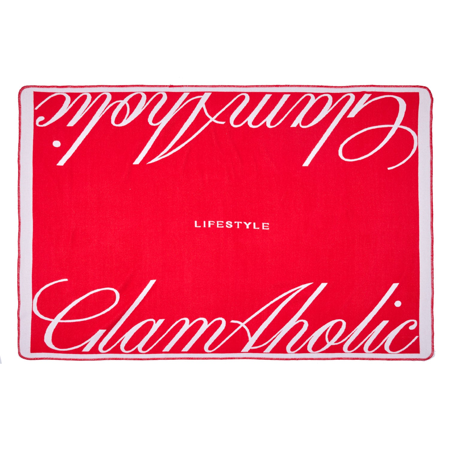 Red luxury throw blanket with white cursive "Chic" and "Lifestyle" text, featuring a stylish, modern design.