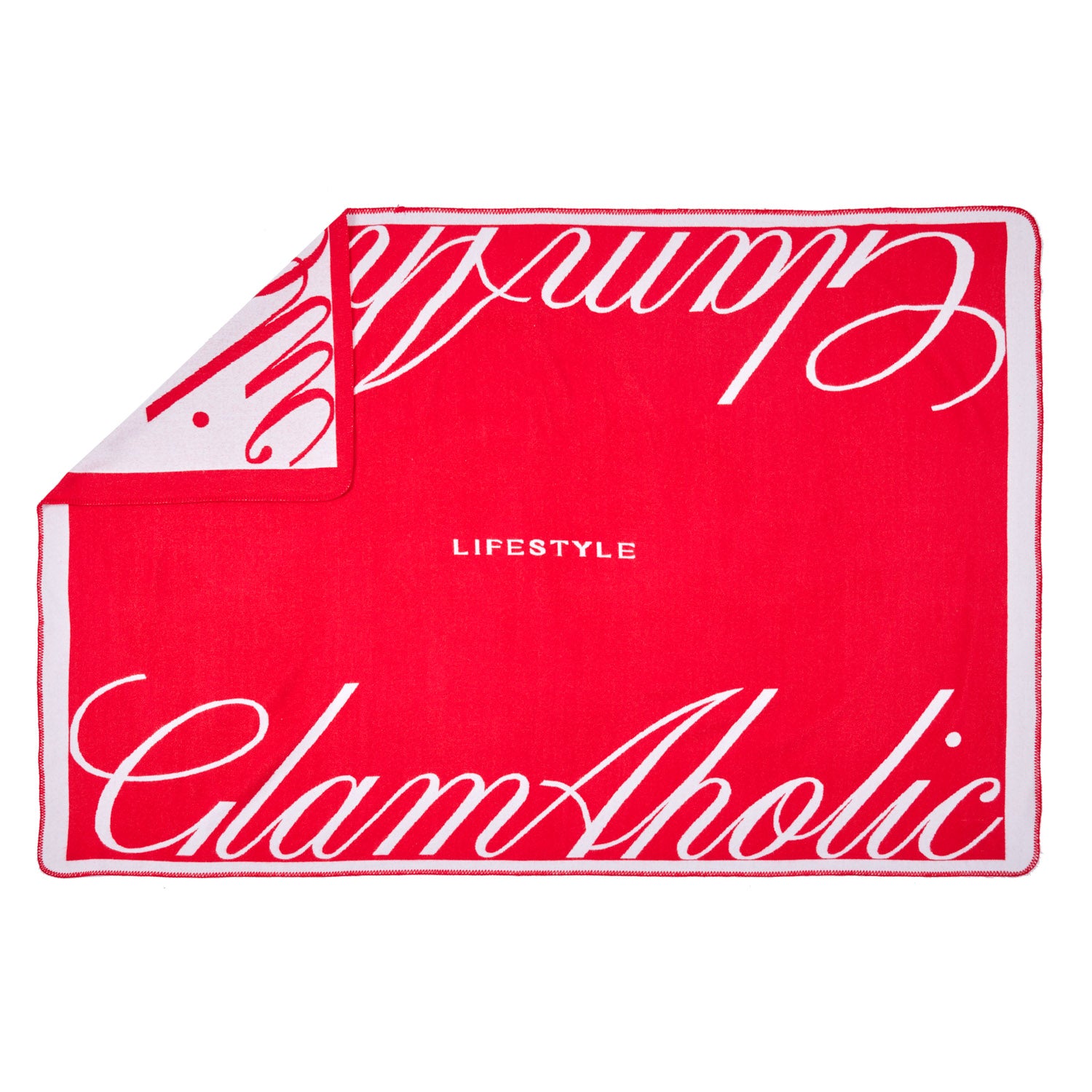 Red luxury throw blanket with white cursive "Chic" and "Lifestyle" text, featuring a stylish, modern design.