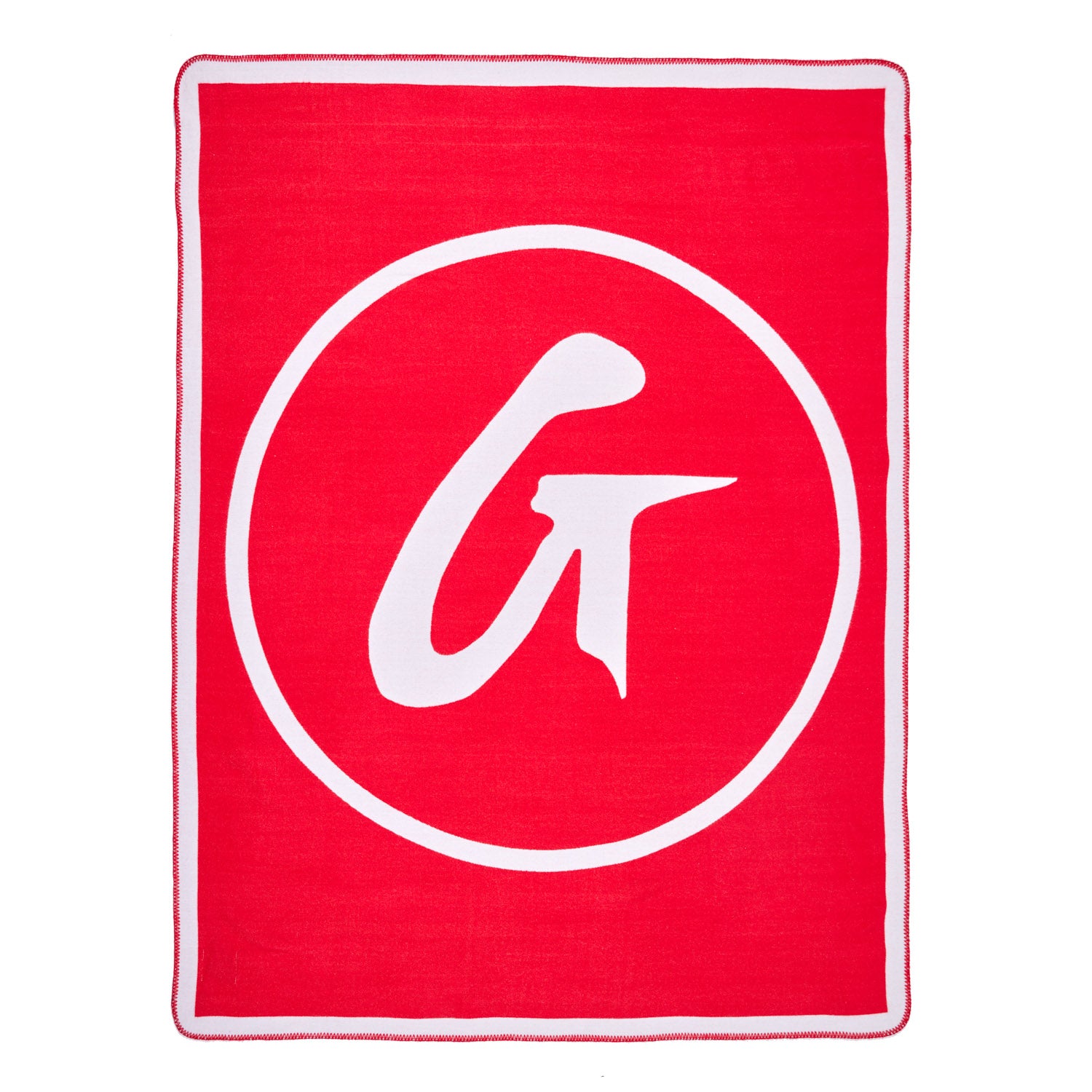 Red throw blanket with a white circular logo featuring a stylized "G" and "T" in the center.