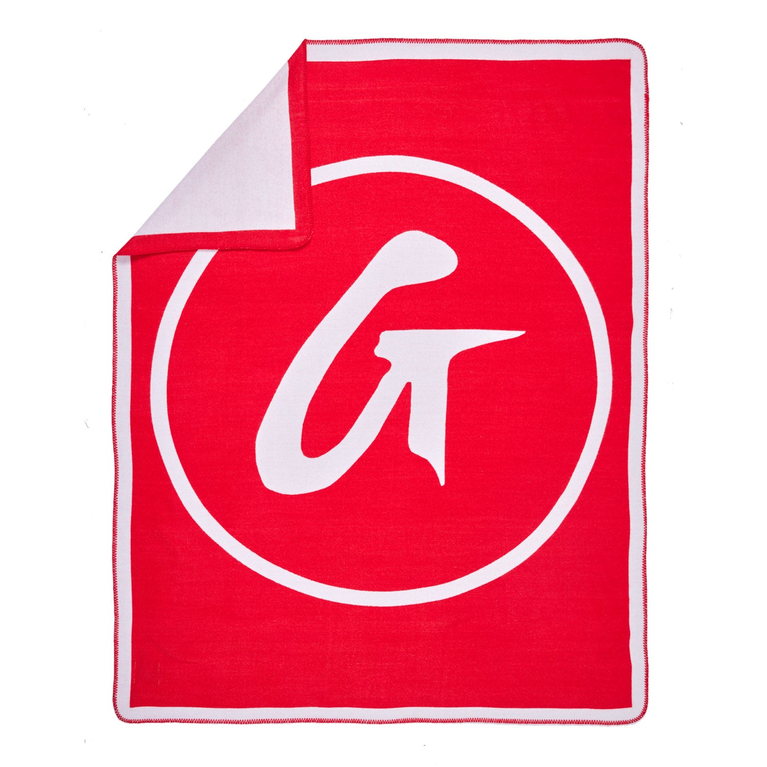 Red classic throw blanket featuring a bold white circular logo with a stylized "G" in the center.