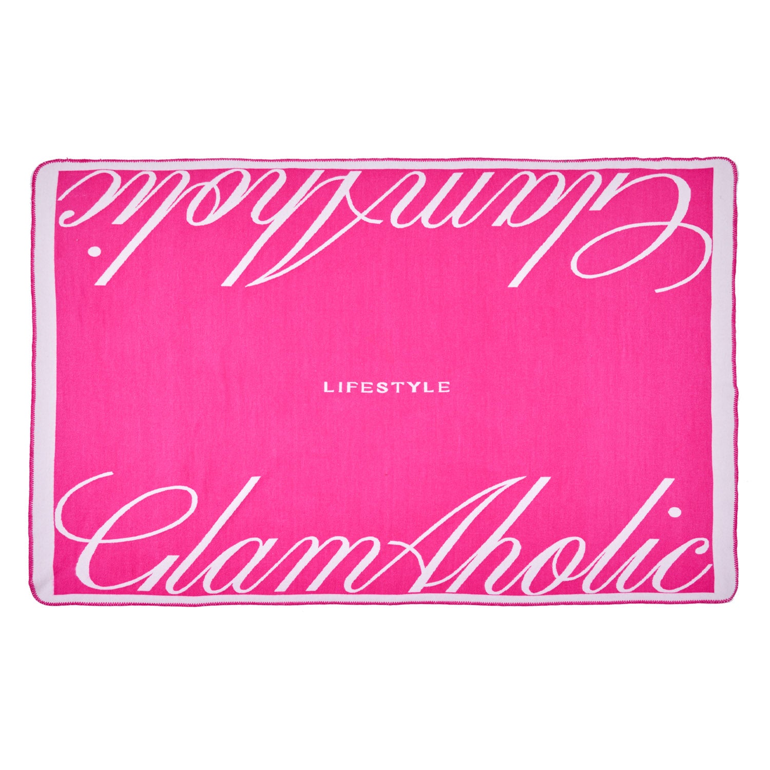 Hot pink throw blanket with white cursive "Chic & Chic" text, "LIFESTYLE" in the center, and a white border.