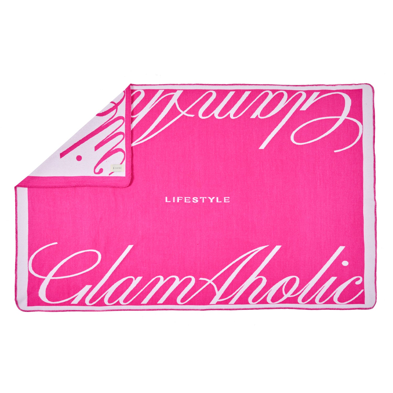 Hot pink throw blanket with white cursive "GlamAholic" text and "LIFESTYLE" in the center, featuring a stylish, luxurious design.