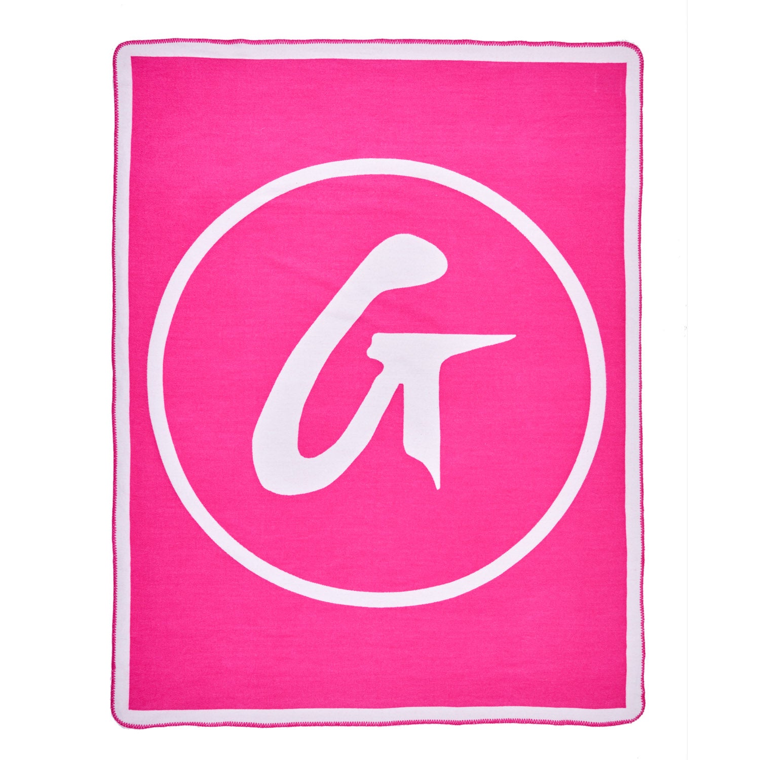 Pink throw blanket with a white circular logo featuring a stylized "G" and "T" design.