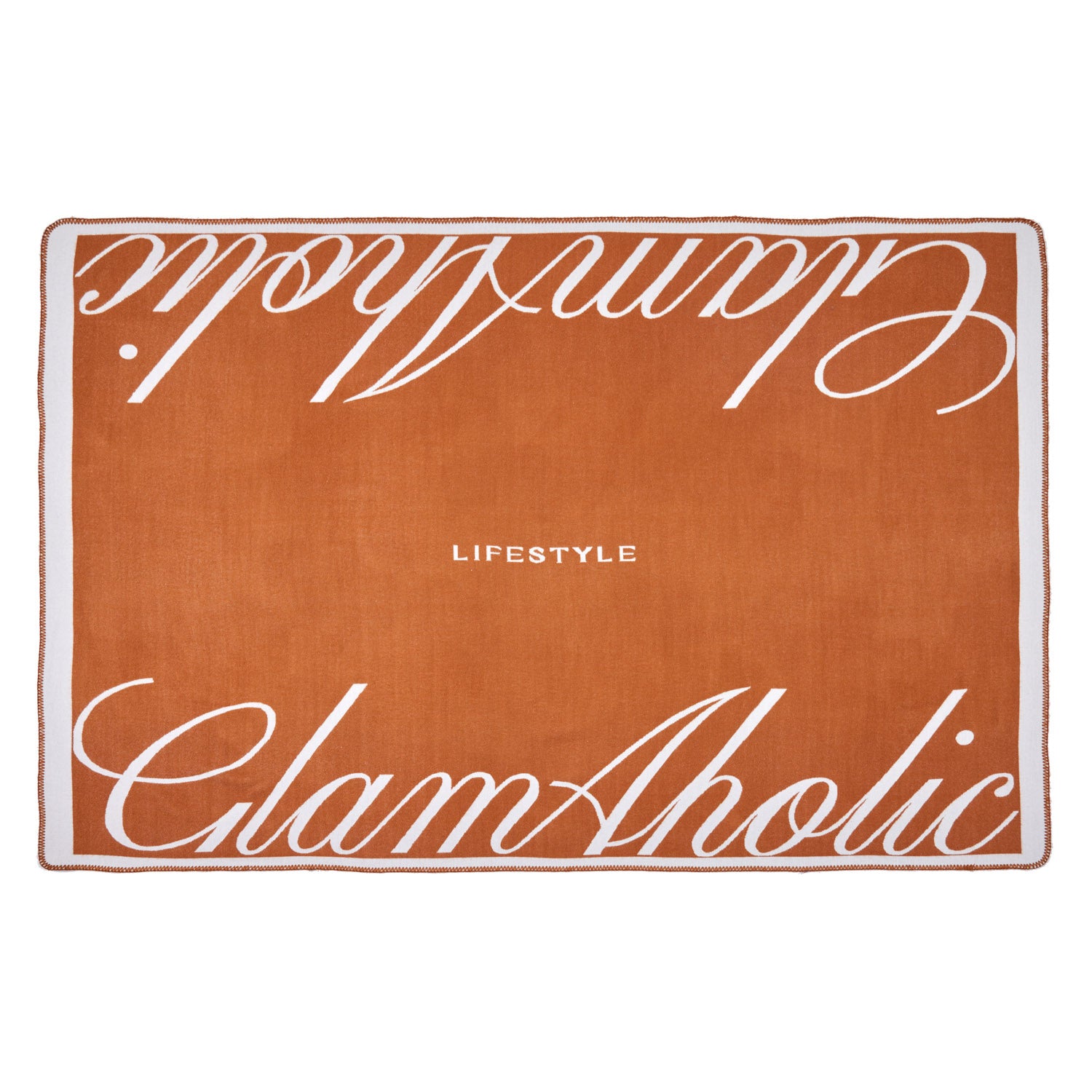 Brown luxury throw blanket with white script text reading "Chic Aholic" and "Lifestyle" on a white border.