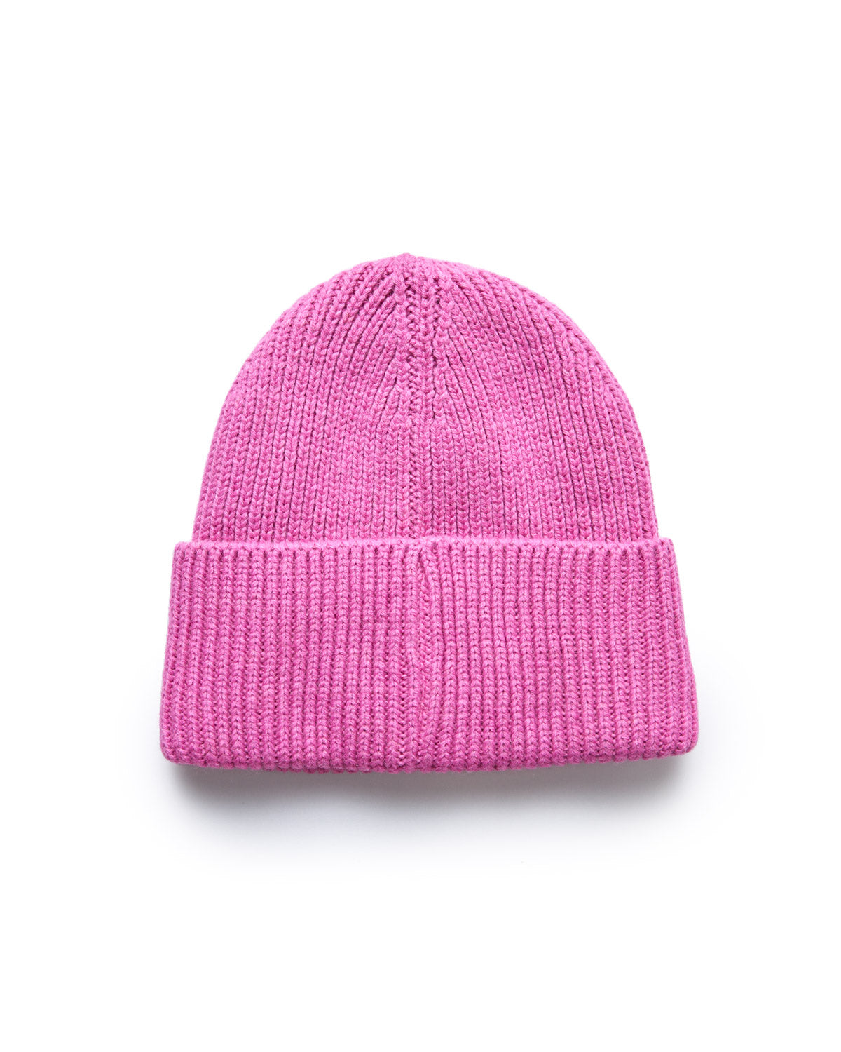 Pink knit beanie hat with a folded cuff, perfect for cold weather and stylish casual wear.